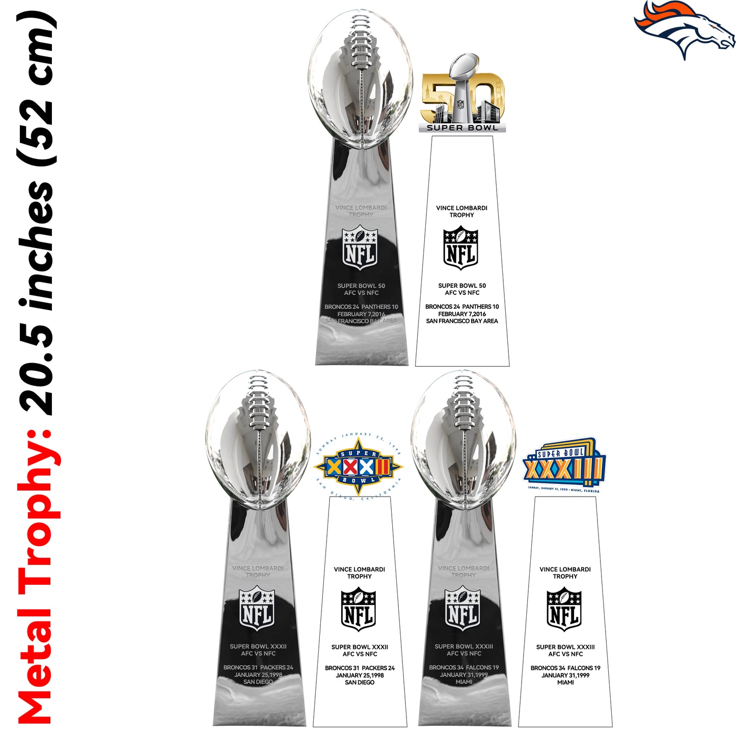 enver Broncos 3 Super Bowl trophies