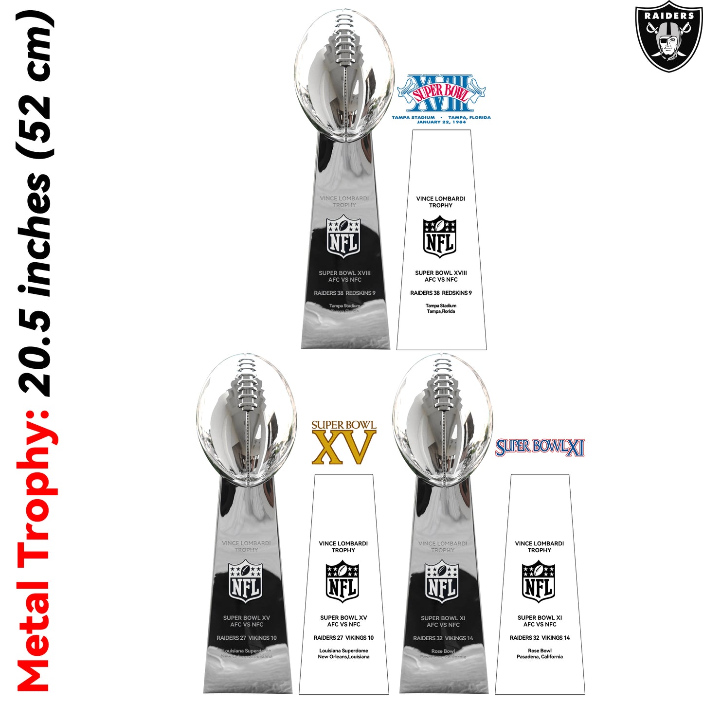 Las Vegas Raiders 3 Super Bowl trophies