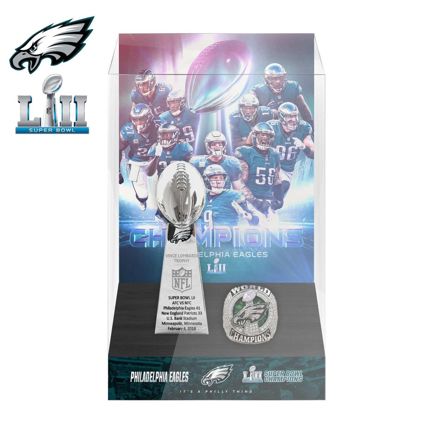 2018 Philadelphia Eagles Super Bowl LII Championship Trophy Display Case