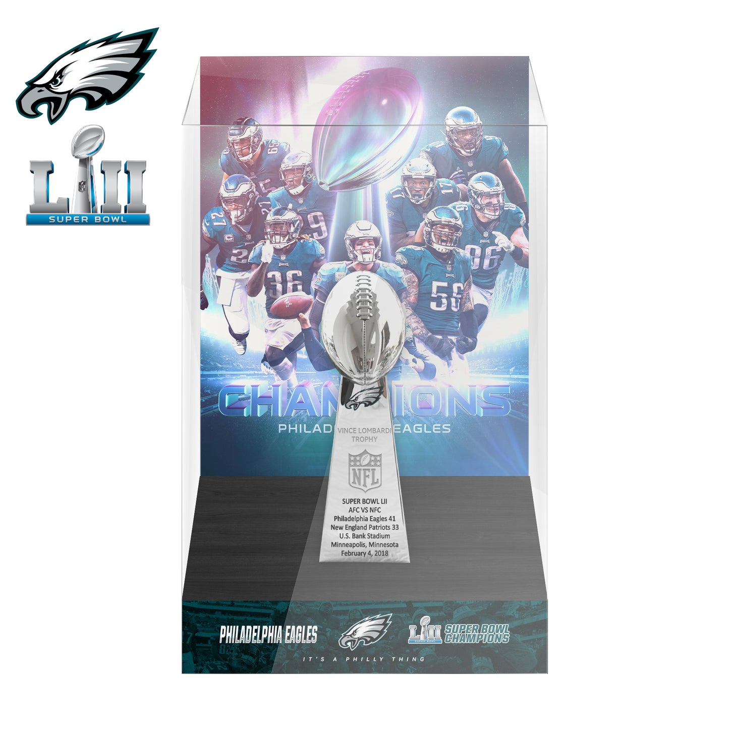 2018 Philadelphia Eagles Super Bowl LII Championship Trophy Display Case