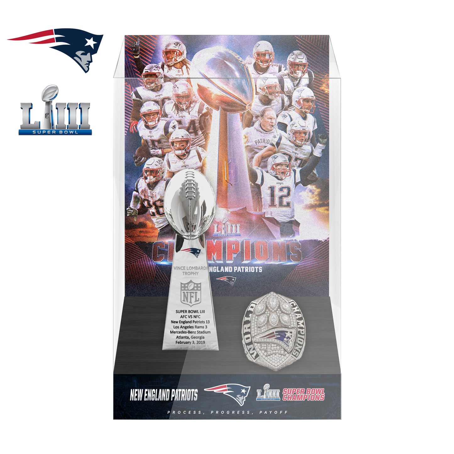 2019 New England Patriots Super Bowl LIII Championship Trophy Display Case