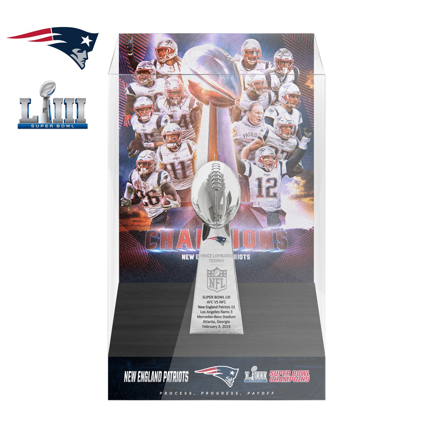 2019 New England Patriots Super Bowl LIII Championship Trophy Display Case
