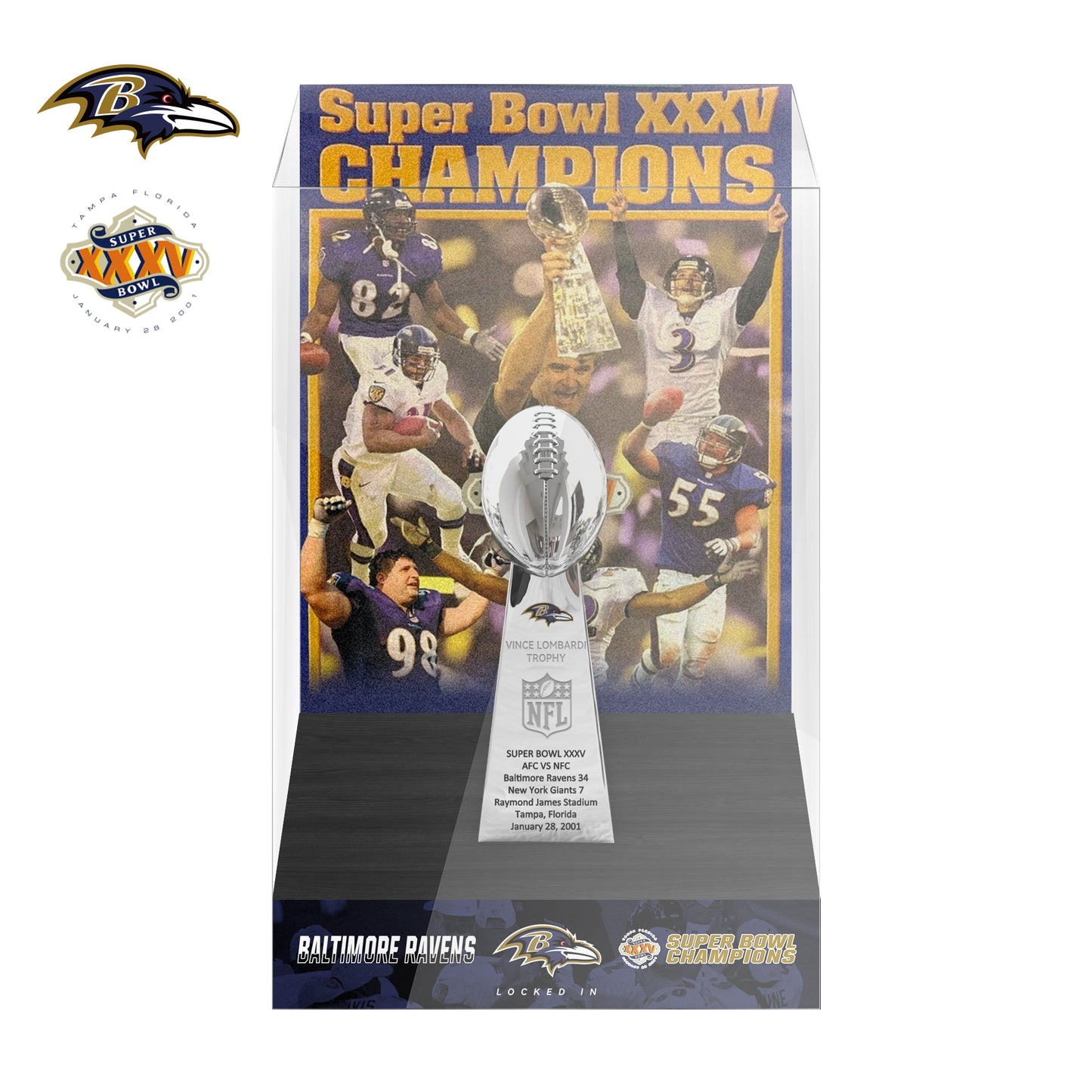 2001 Baltimore Ravens Super Bowl XXXV Championship Trophy Display Case