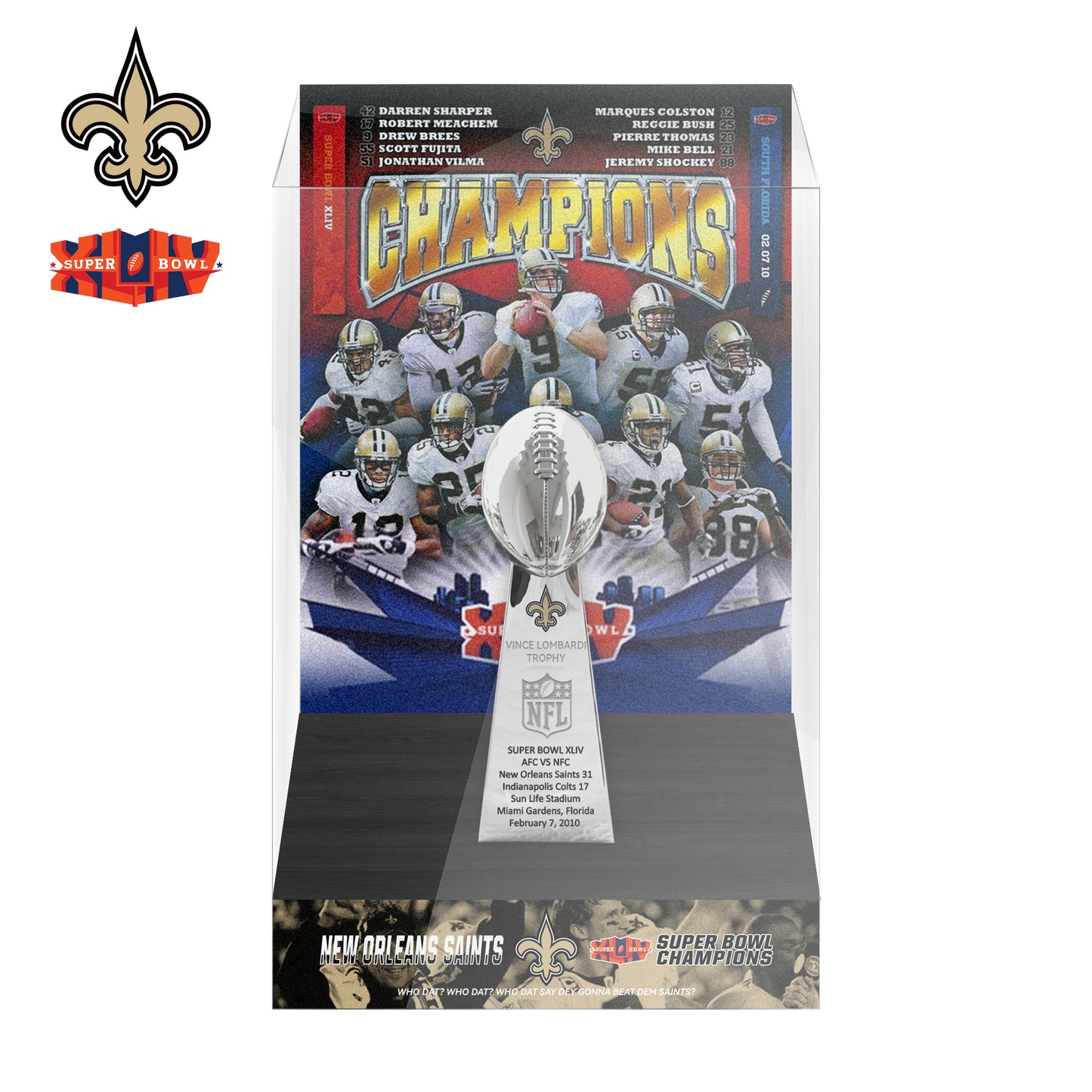 2010 New Orleans Saints Super Bowl XLIV Championship Trophy Display Case