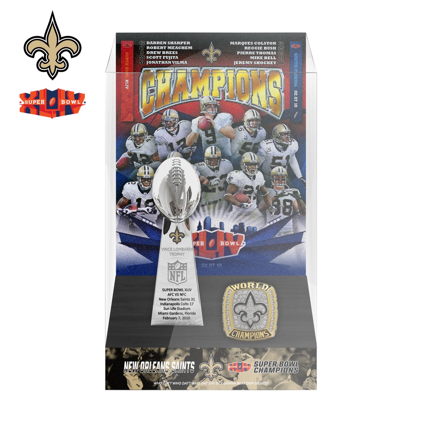 2010 New Orleans Saints Super Bowl XLIV Championship Trophy Display Case