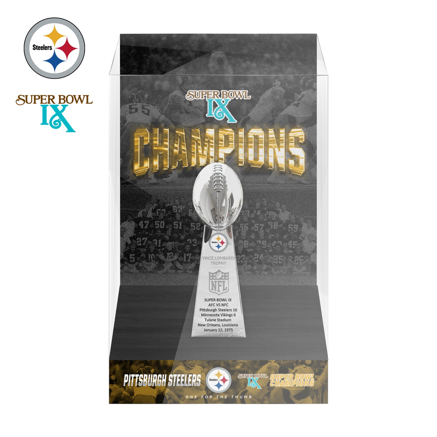 1975 Pittsburgh Steelers Super Bowl IX Championship Trophy Display Case