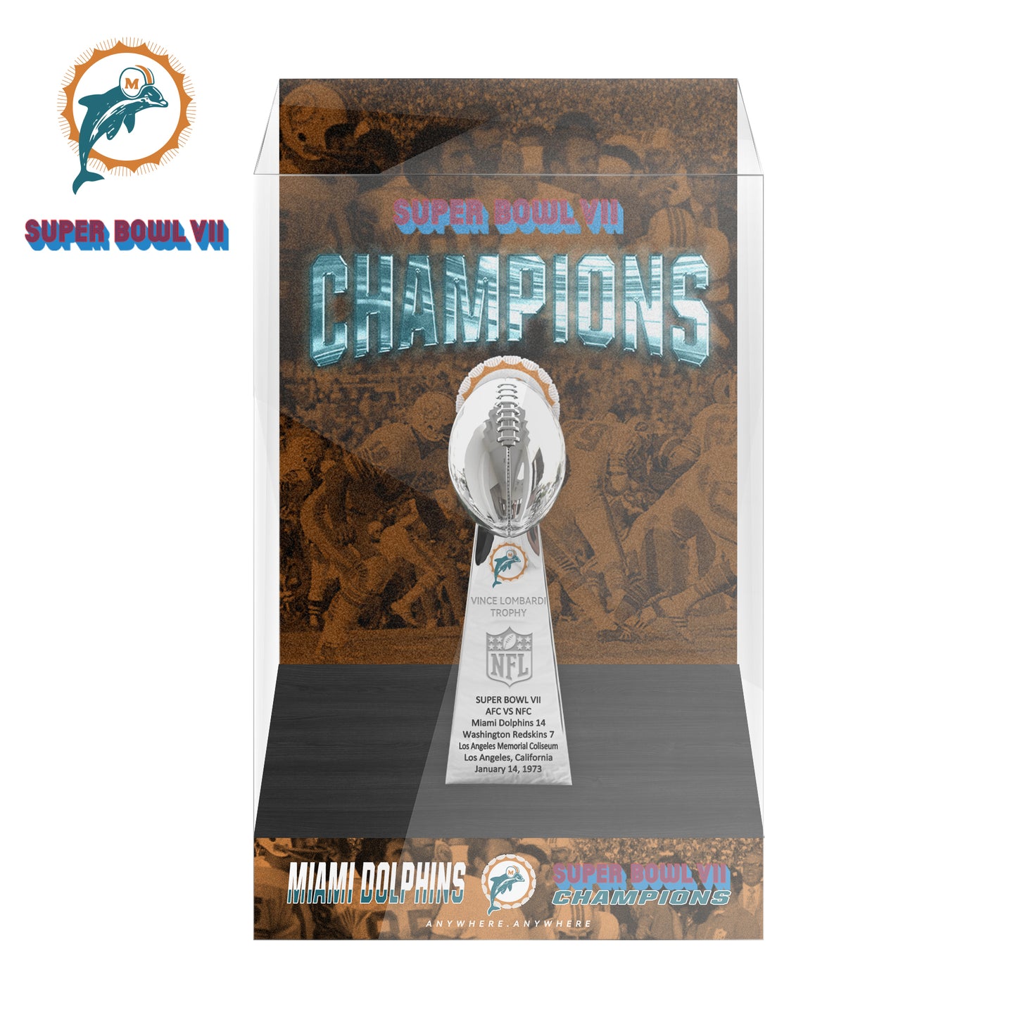 1973 Miami Dolphins Super Bowl VII Championship Trophy Display Case