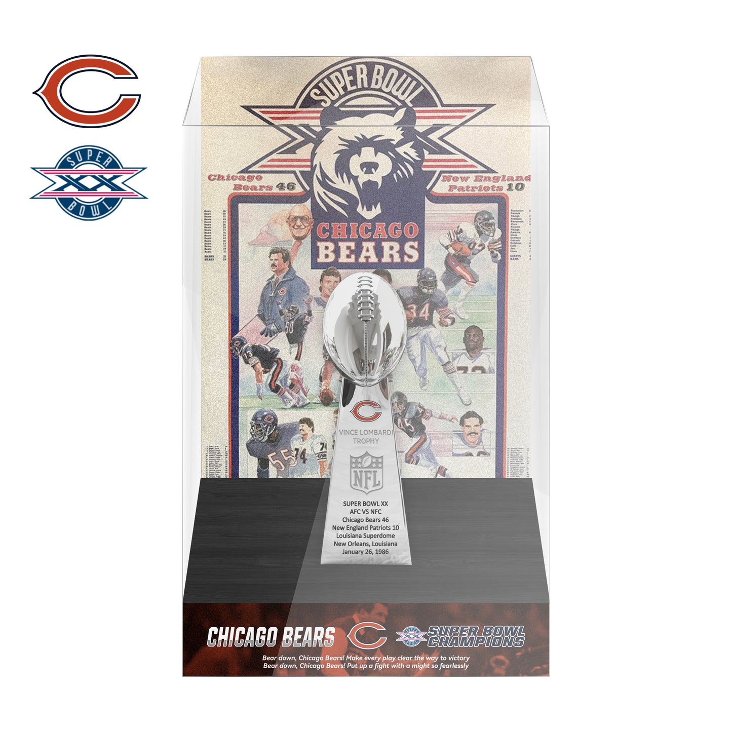 1986 Chicago Bears Super Bowl XX Championship Trophy Display Case