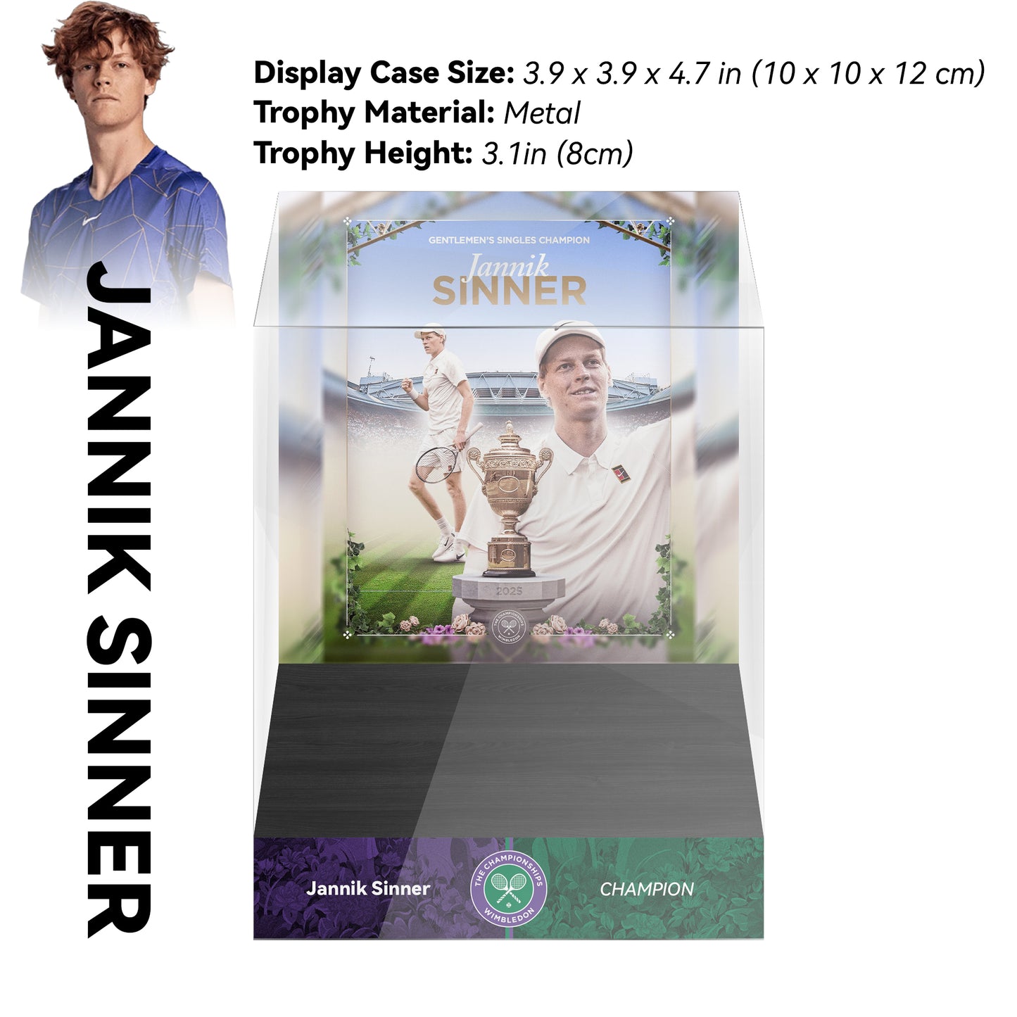 Jannik Sinner Men's Wimbledon Champion 8cm Metal Tennis Trophy with Acrylic Display Case