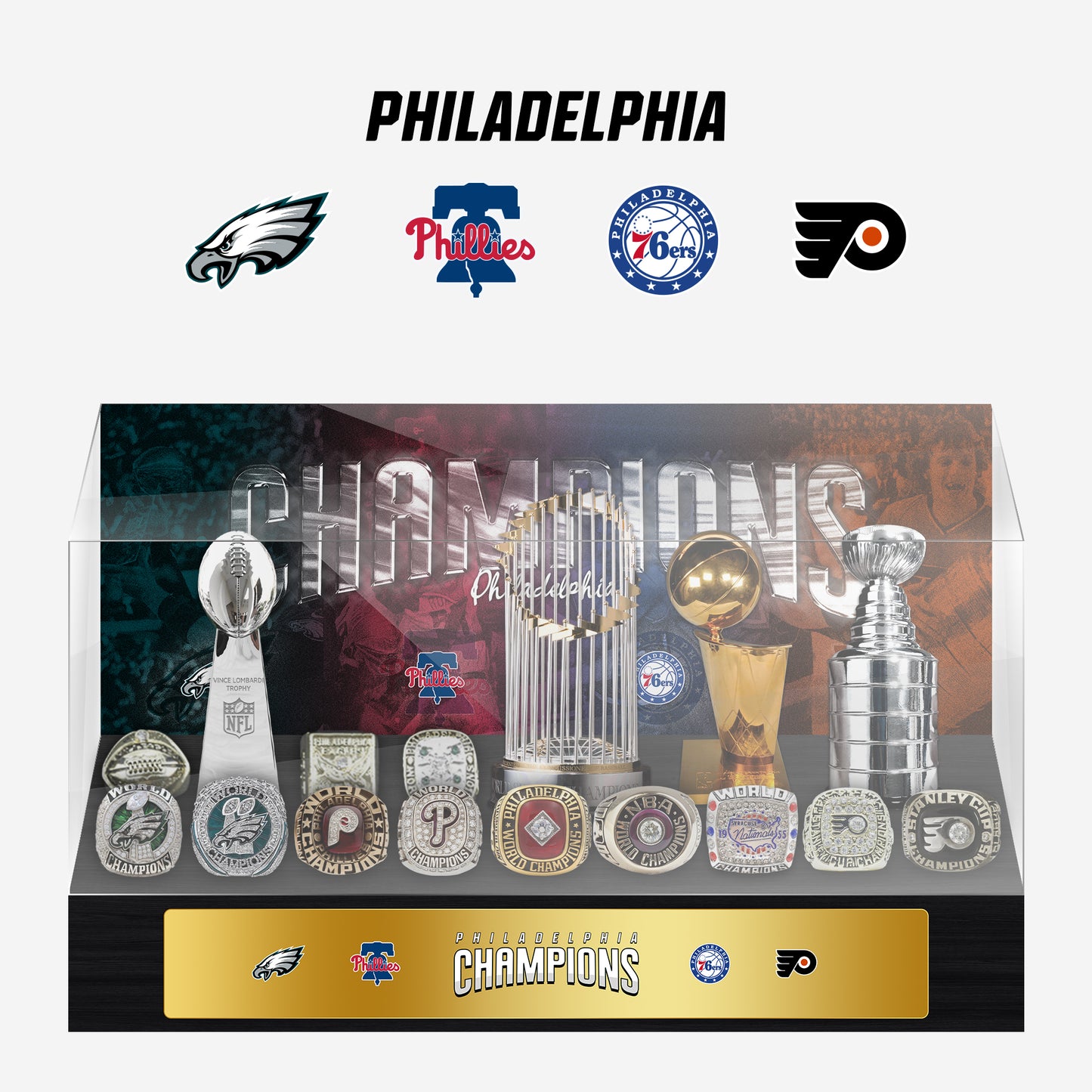 Philadelphia Championship Trophy and Rings Display Case