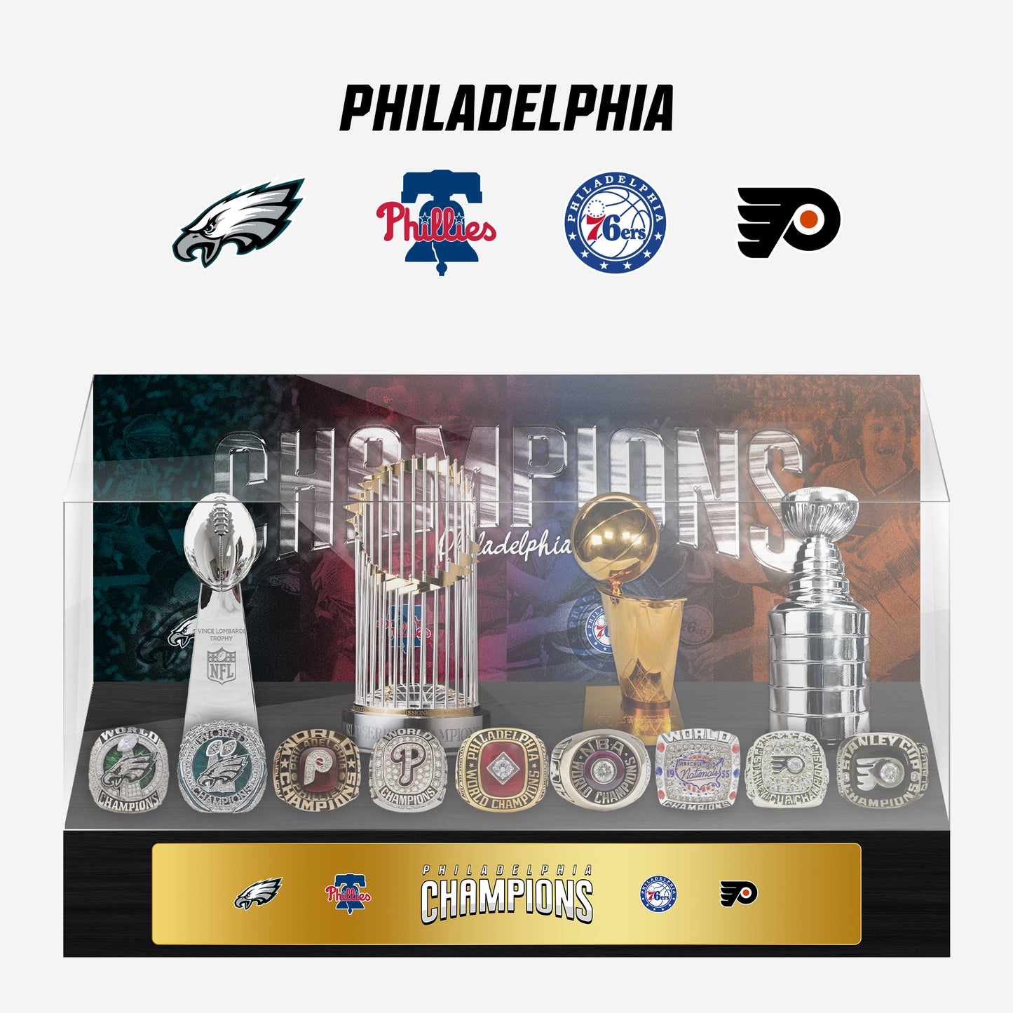 Philadelphia Championship Trophy and Rings Display Case