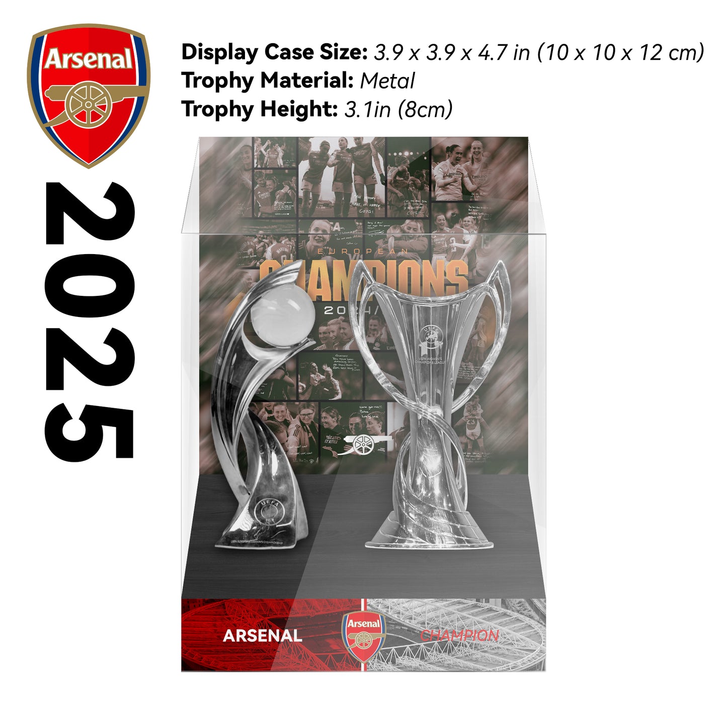 2025 Arsenal UEFA Women's Champions League & UEFA Women's Championship Football Trophy Display Case