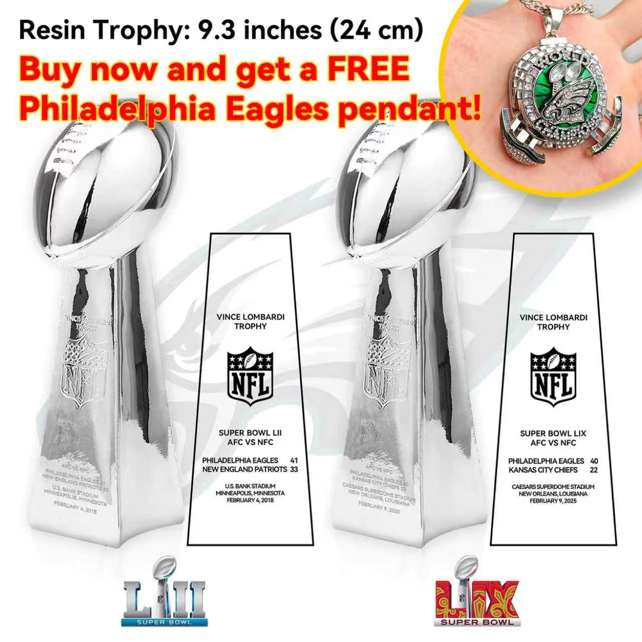 2018 +2025 Vince Lombardi Trophy, Super Bowl LII + LIX, Philadelphia Eagles