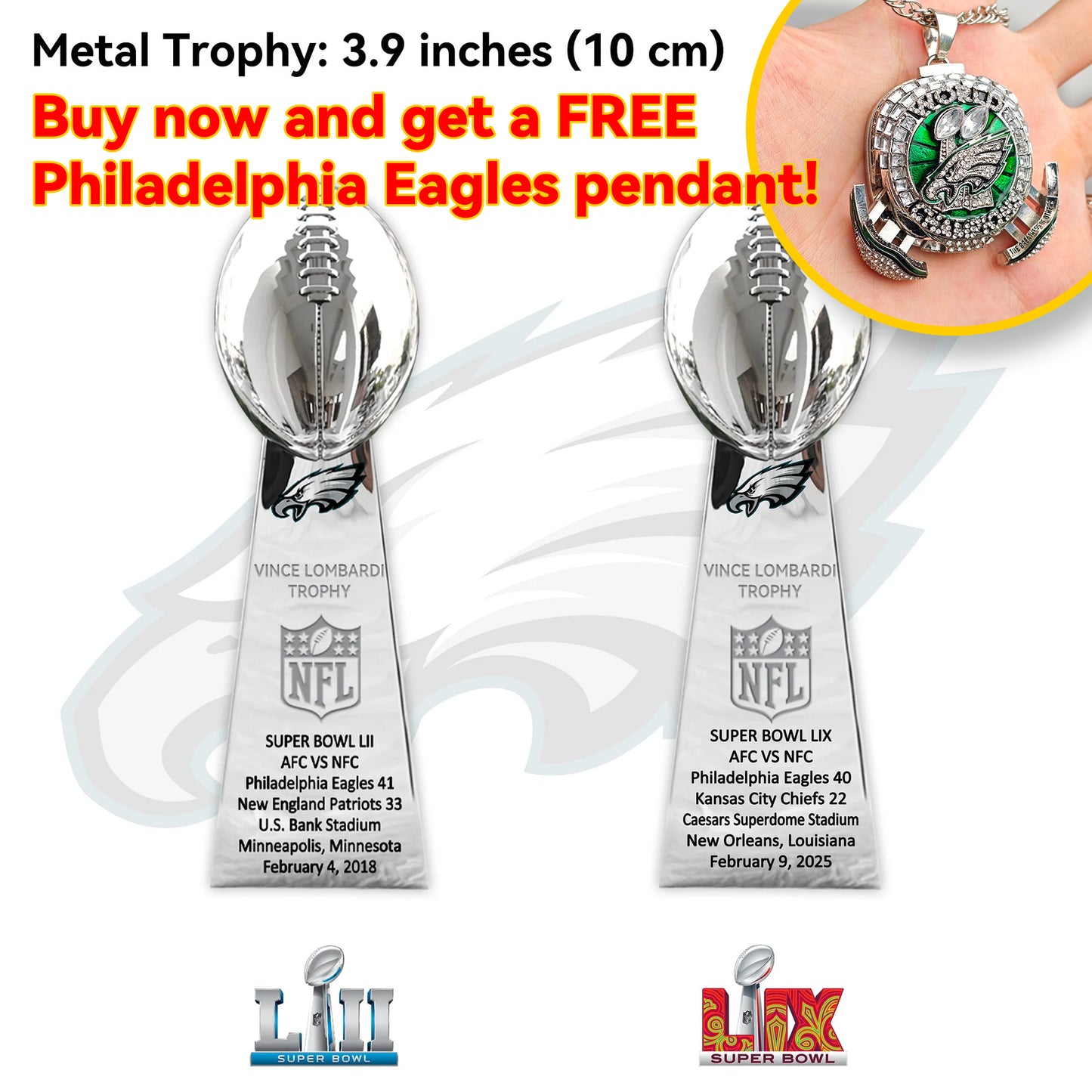 2018 +2025 Vince Lombardi Trophy, Super Bowl LII + LIX, Philadelphia Eagles