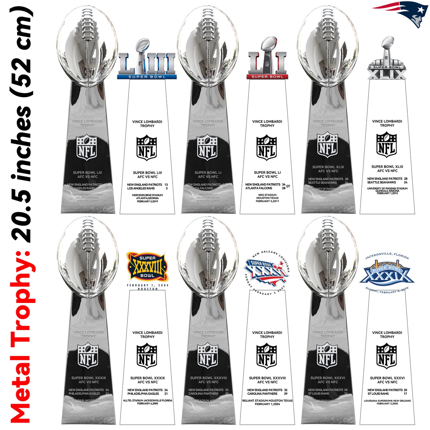 New England Patriots 6 Super Bowl trophies