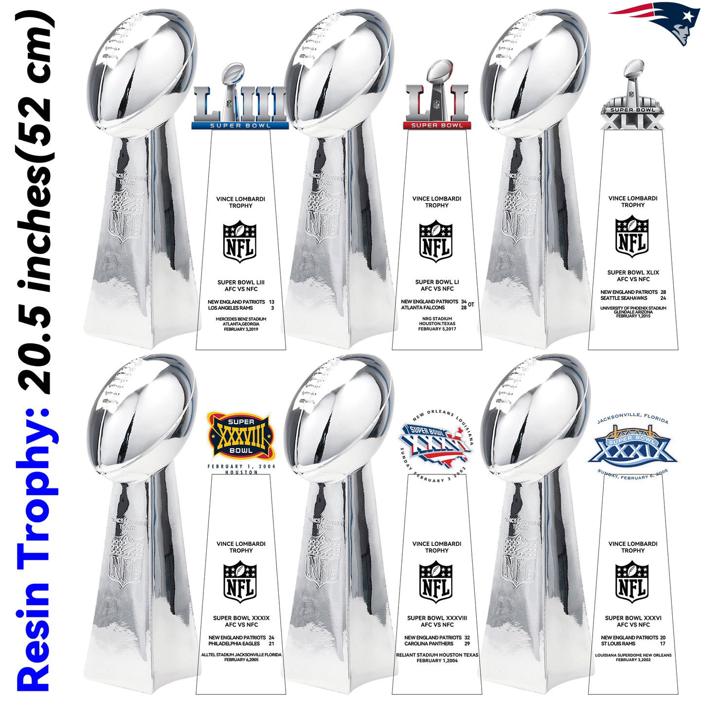 New England Patriots 6 Super Bowl trophies