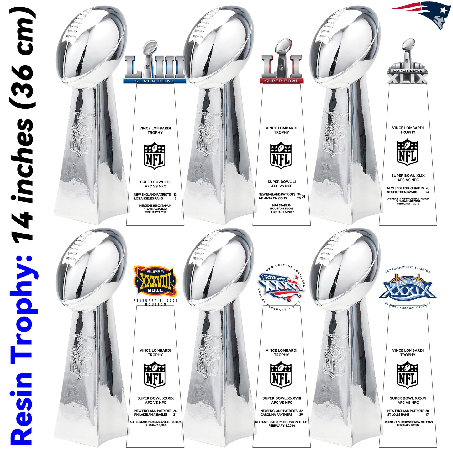 New England Patriots 6 Super Bowl trophies