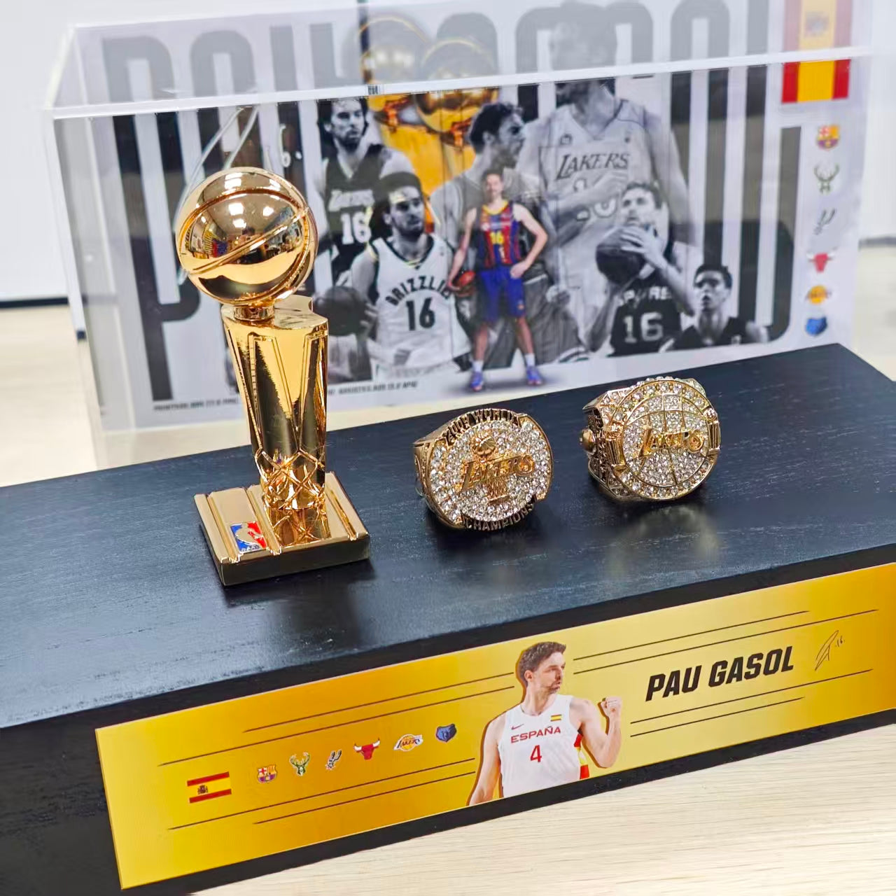 Spanish NBA Star Pau Gasol Championship Trophy & Rings Display Case (Lakers/Bulls/Spurs Era)