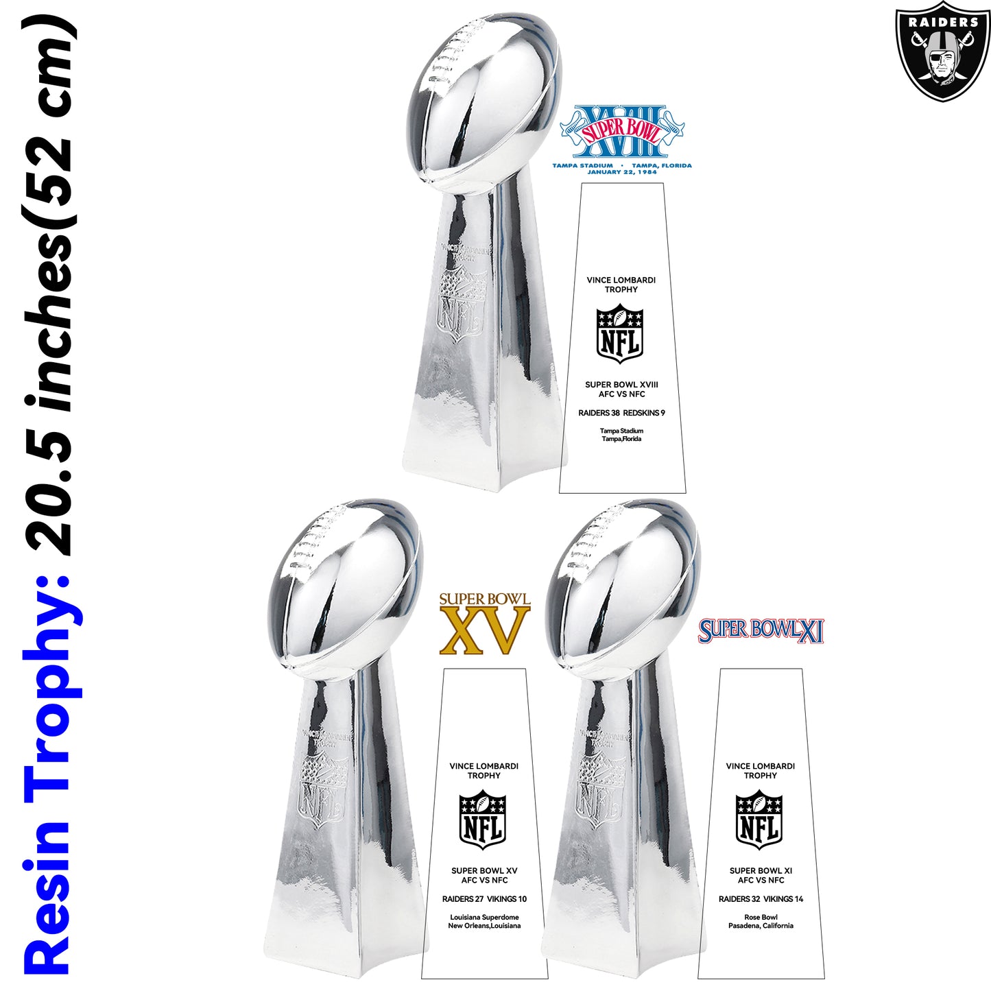 Las Vegas Raiders 3 Super Bowl trophies