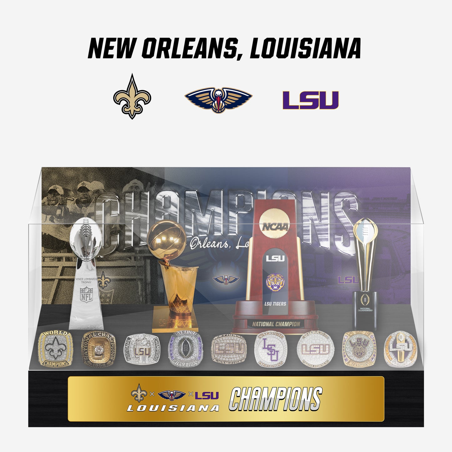 New Orleans, Louisiana Baseball Championship Trophy and Rings Display Case