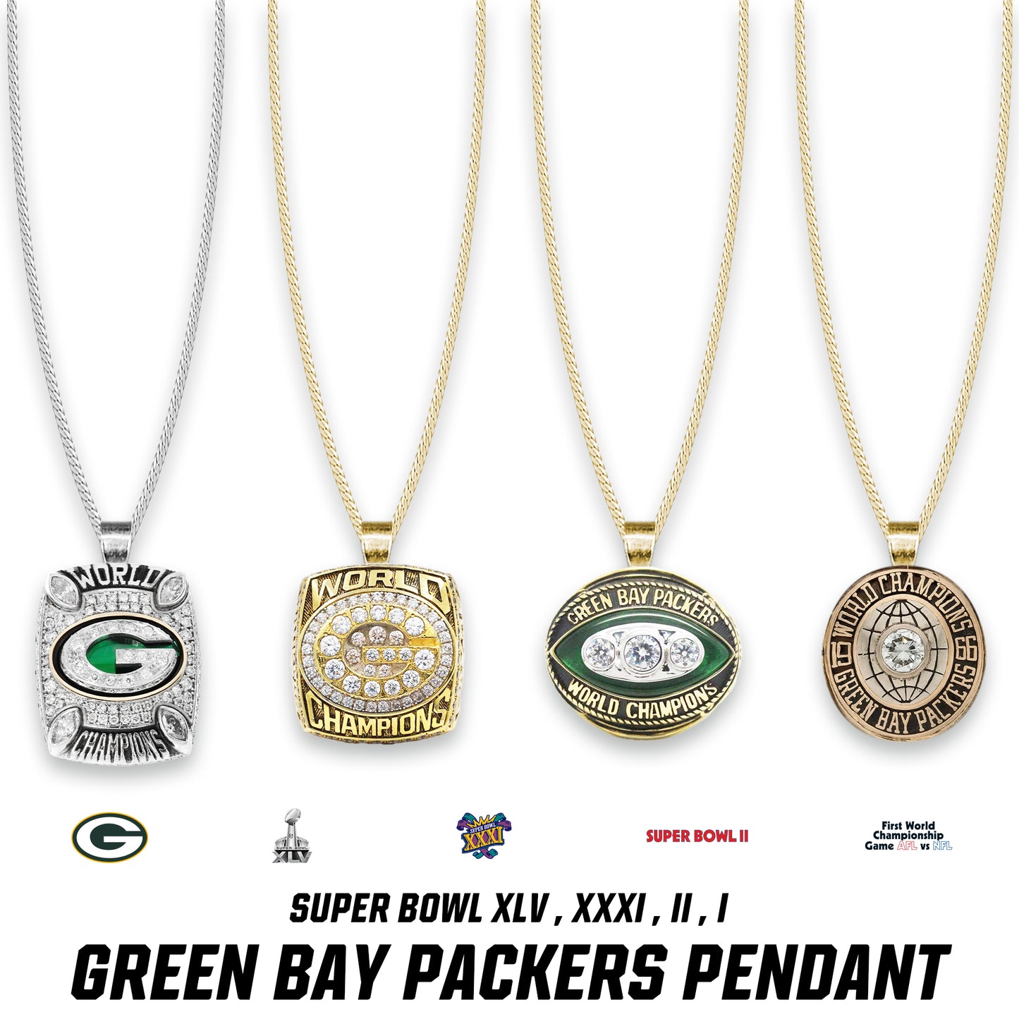 Green Bay Packers Super Bowl XLV , XXXI , II , I Pendant