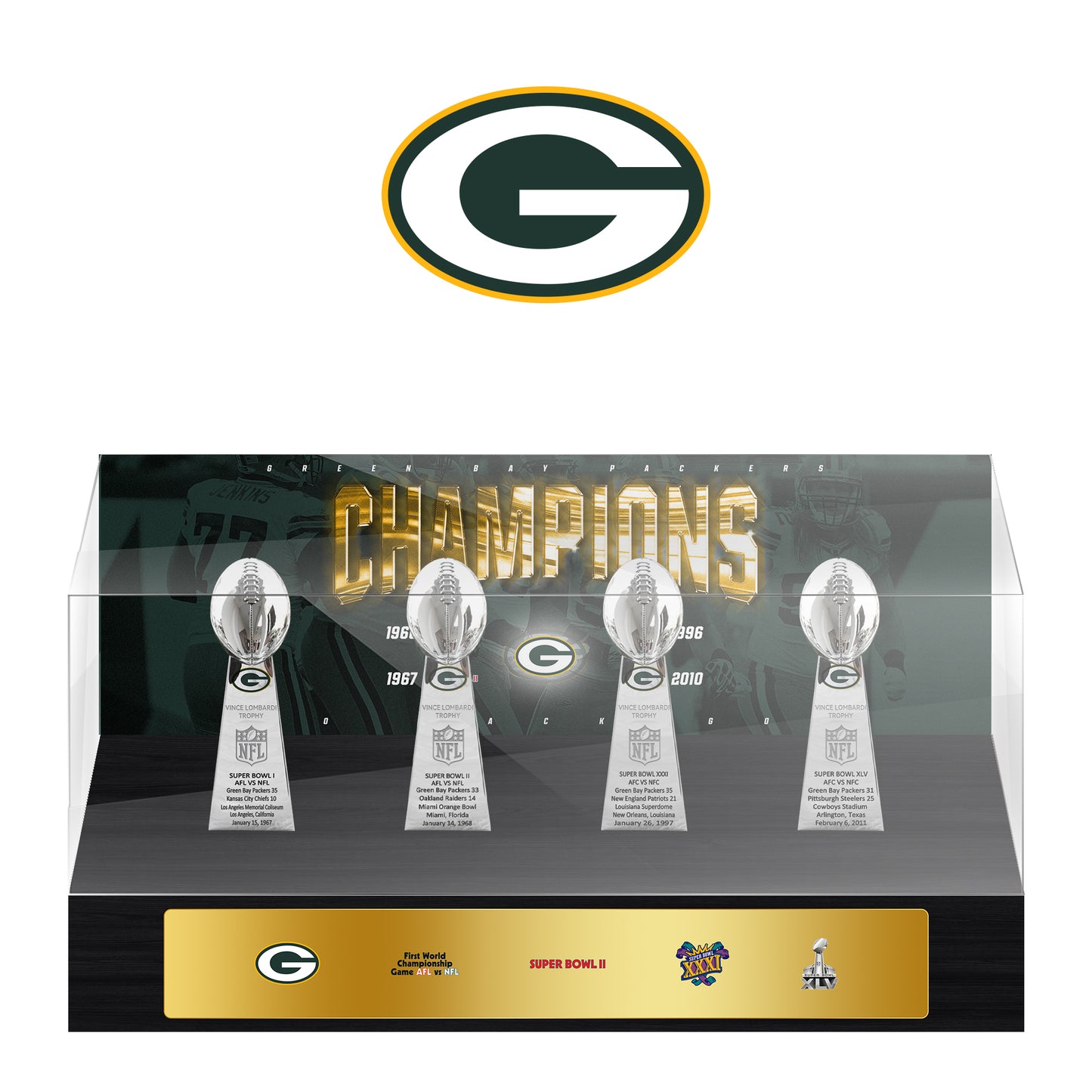 Green Bay Packers Super Bowl Championship Trophy Ring Display Case