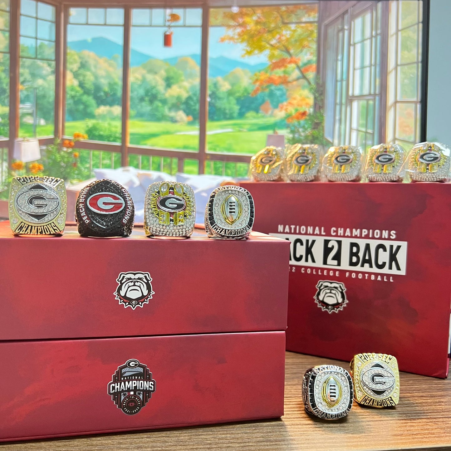 2022/23 Georgia Bulldogs  College  National Champions & SEC & Peach Bow & CFP  4 Championship Rings Box  NCAA