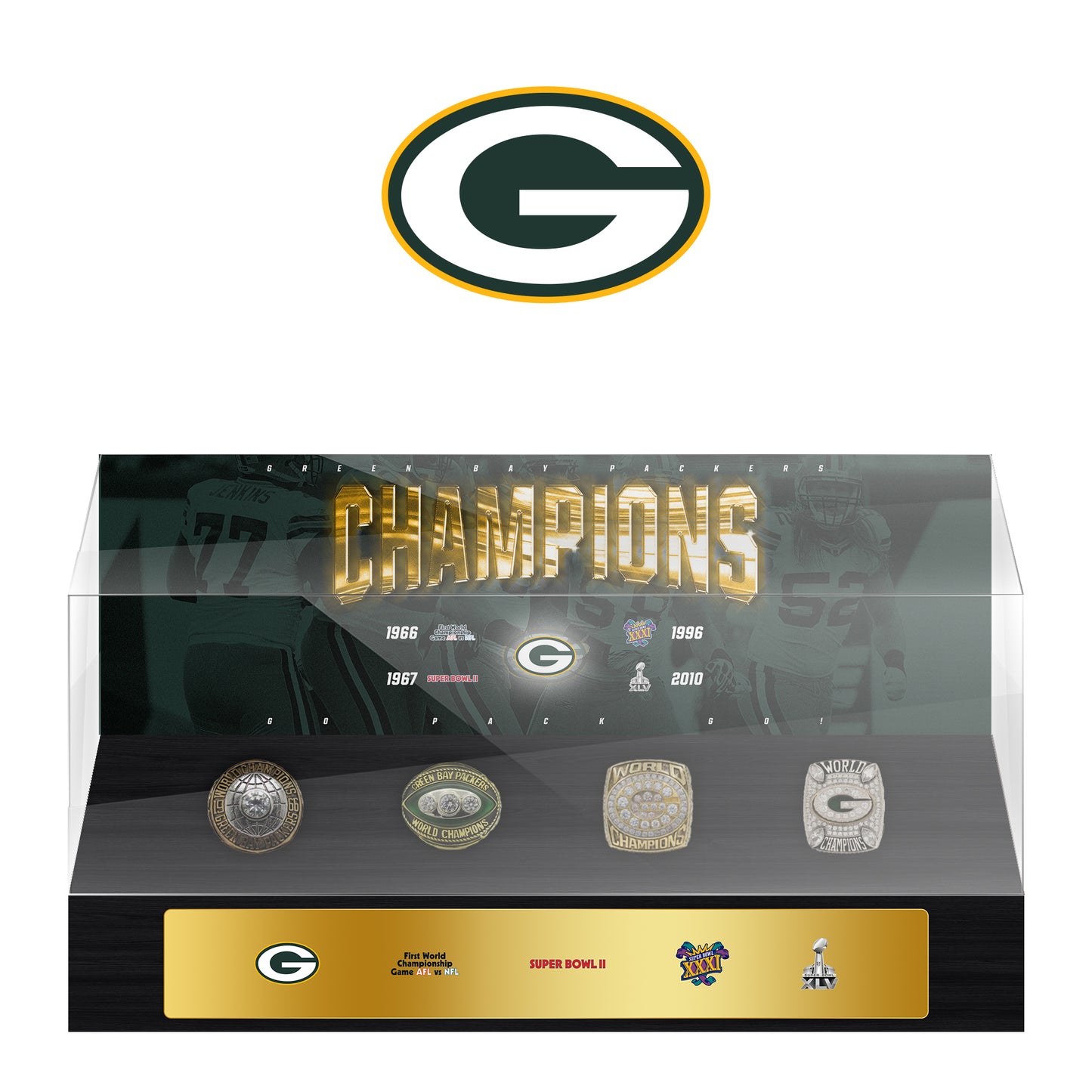 Green Bay Packers Super Bowl Championship Trophy Ring Display Case