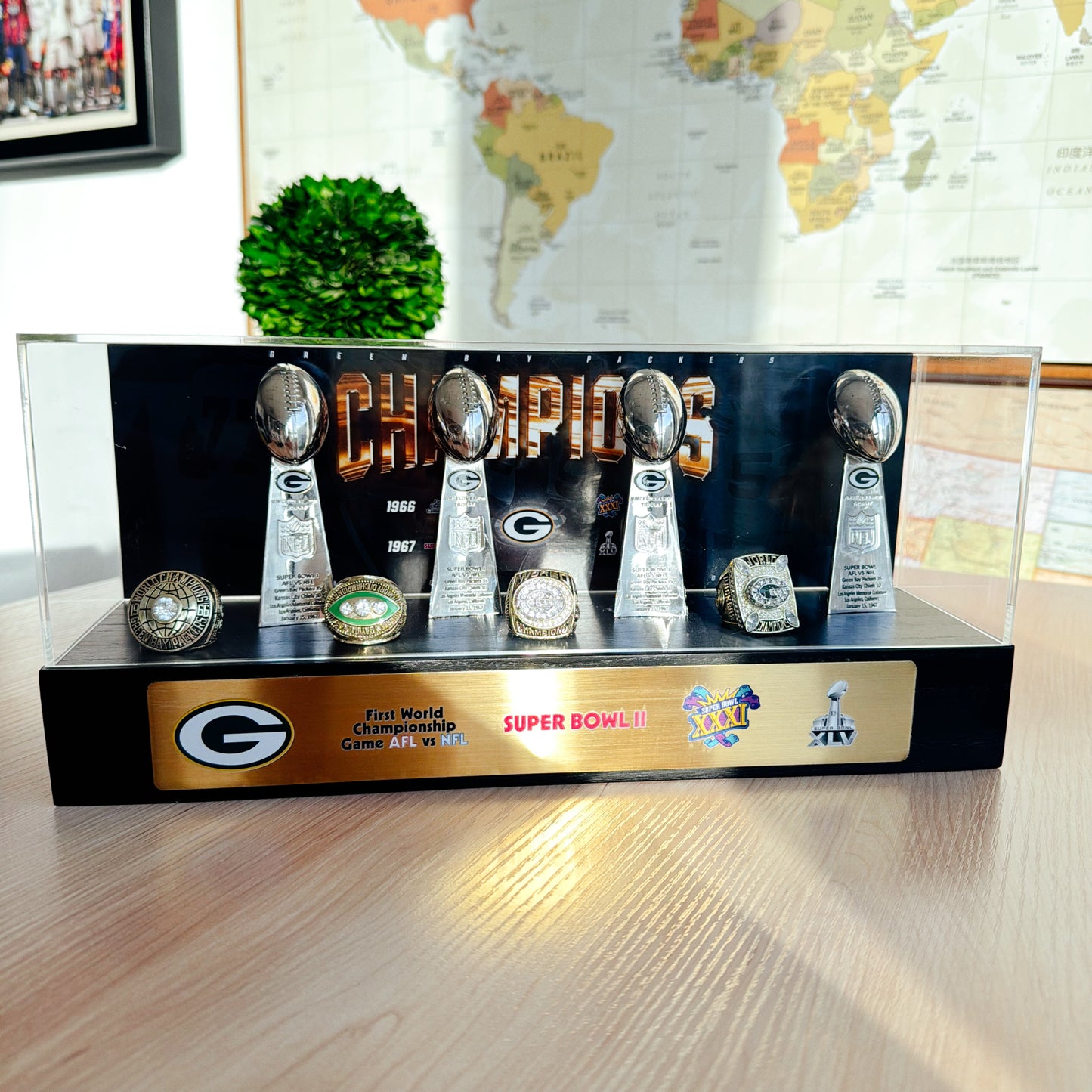 Green Bay Packers Super Bowl Championship Trophy Ring Display Case