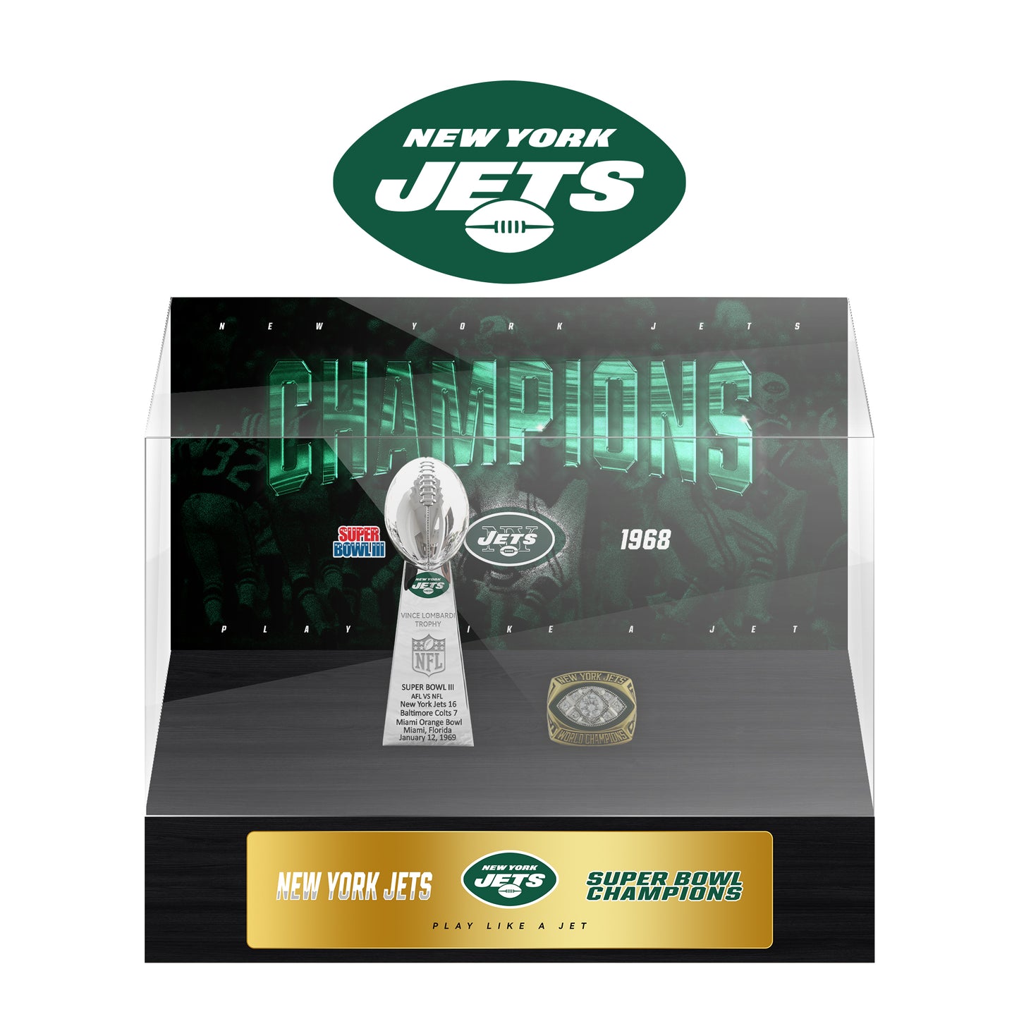 New York Jets Super Bowl Championship Trophy Ring Display Case