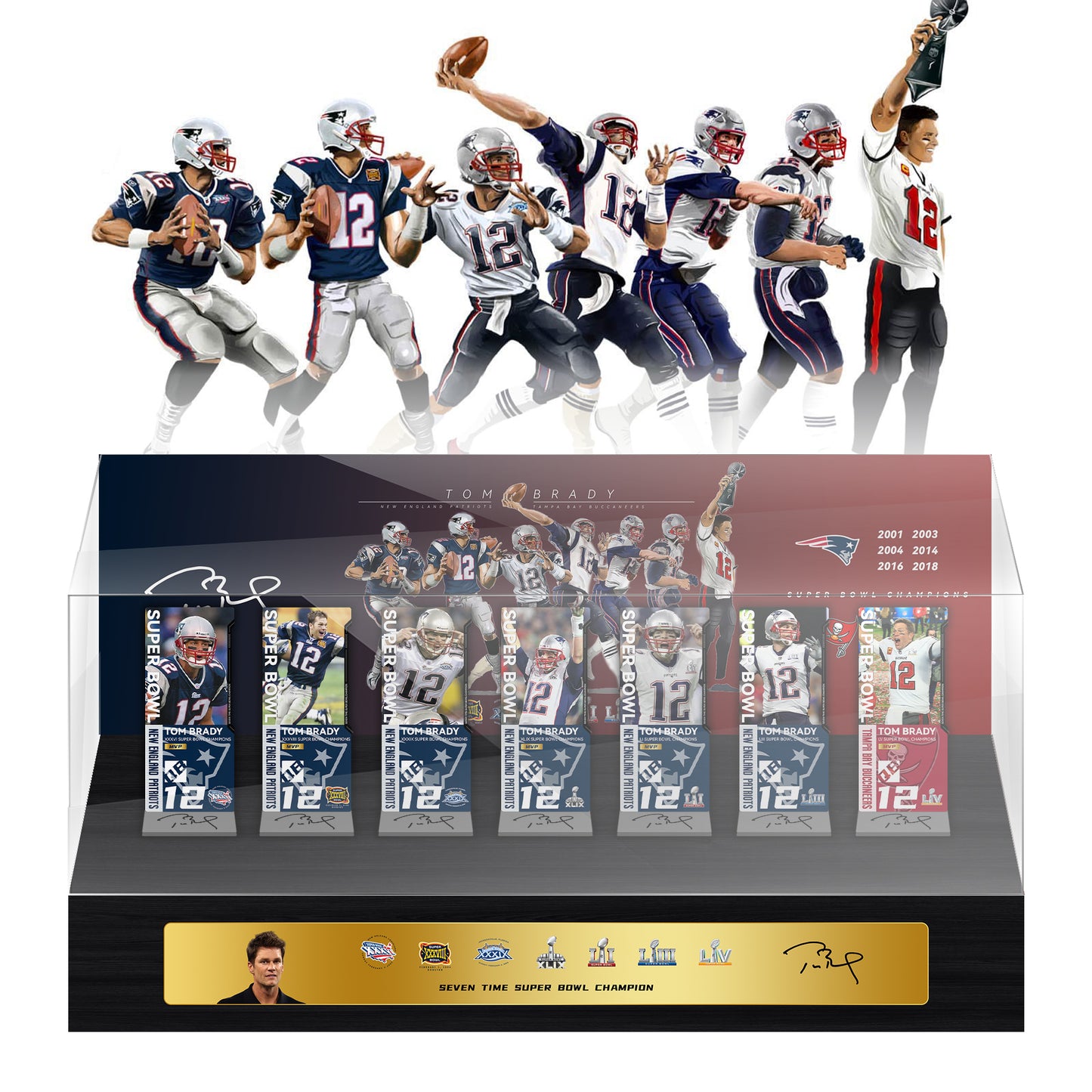 Tom Brady New England Patriots and Tampa Bay Buccaneers 7 Championship Trophy and Ring Display Case