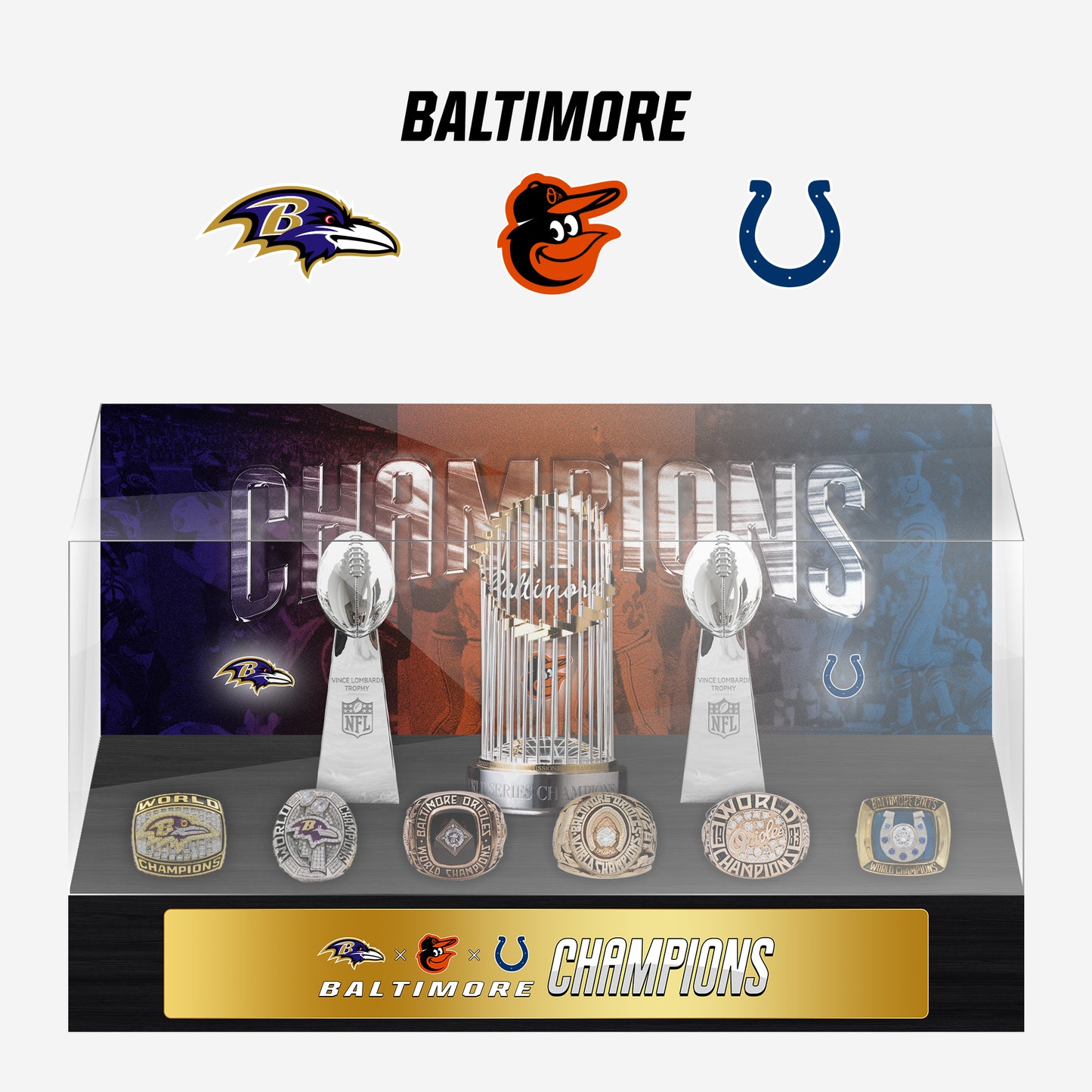 Baltimore Championship Trophy and Rings Display Case