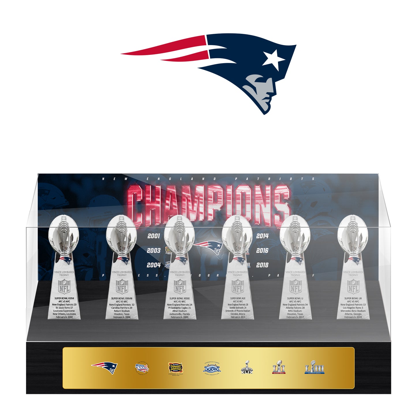 New England Patriots Super Bowl Championship Trophy Ring Display Case