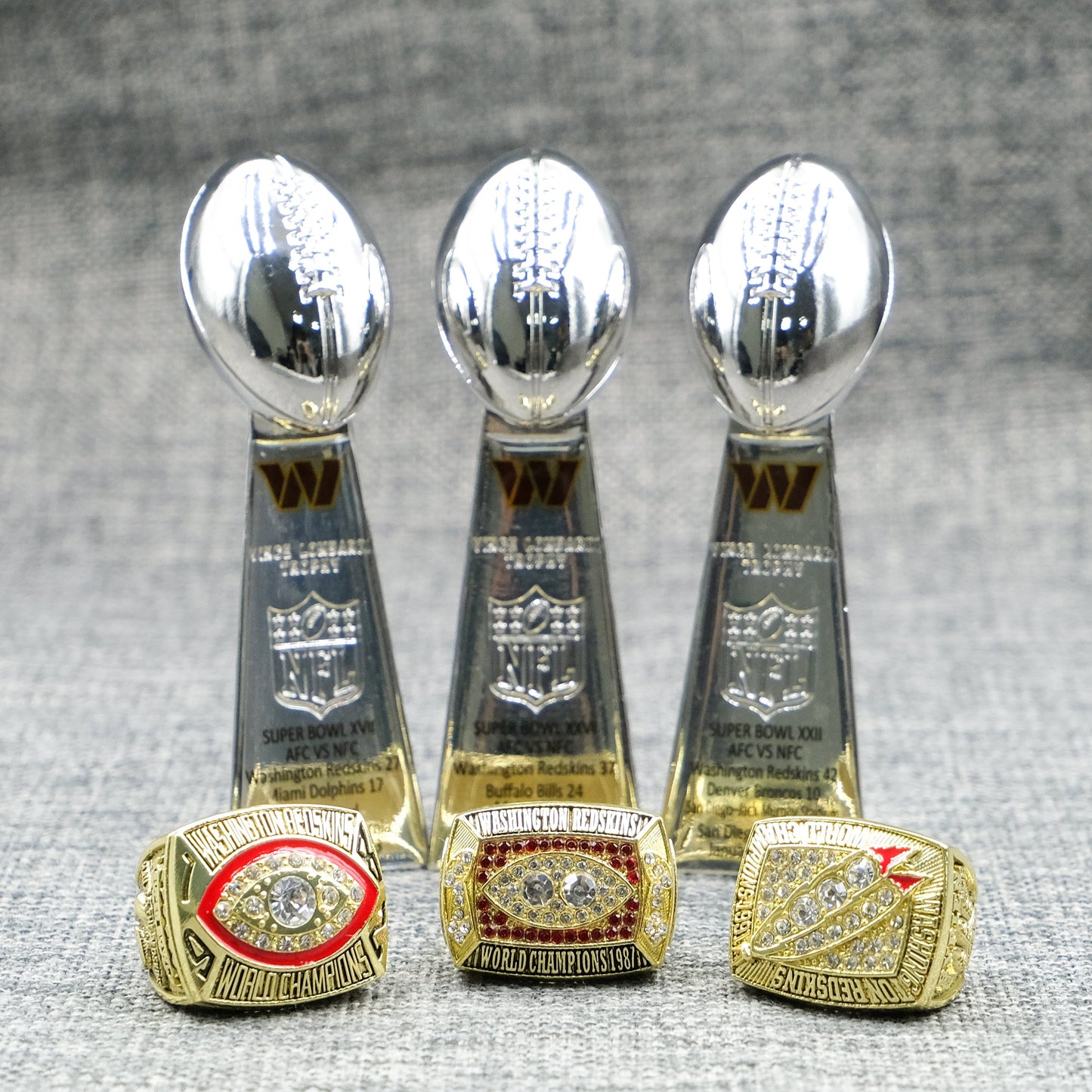 [WASHINGTON REDSKINS ]Set 3 Trophys and 3 Pcs Rings Championship Super Bowl + Box NFL