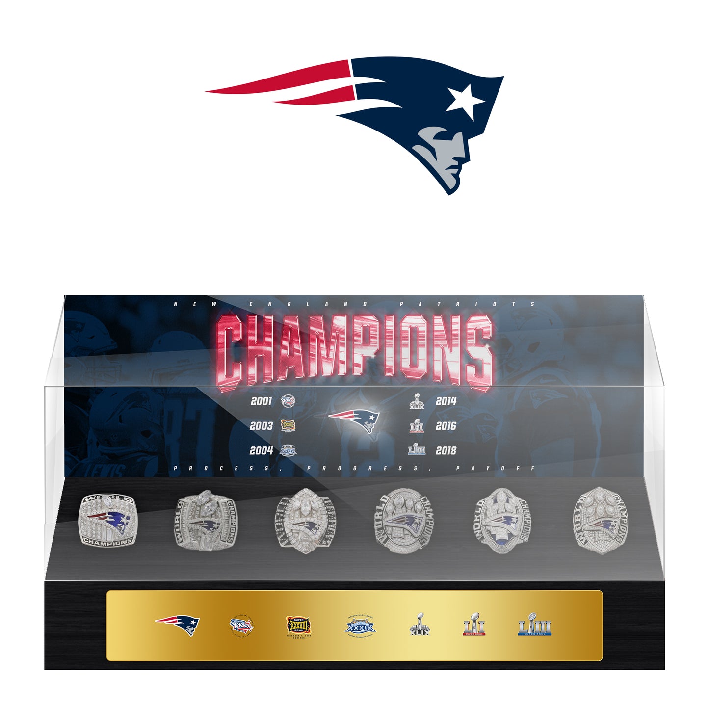 New England Patriots Super Bowl Championship Trophy Ring Display Case