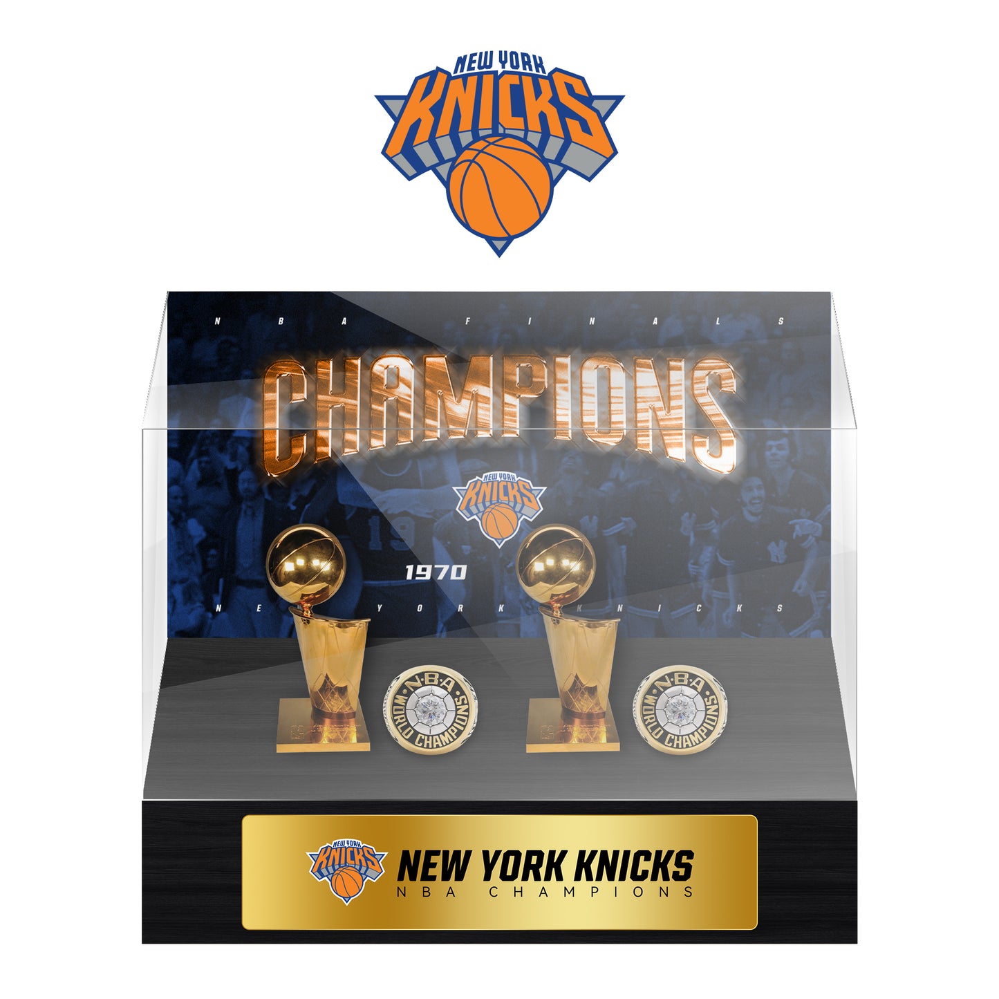 New York Knicks NBA Trophy And Ring Display Case SET