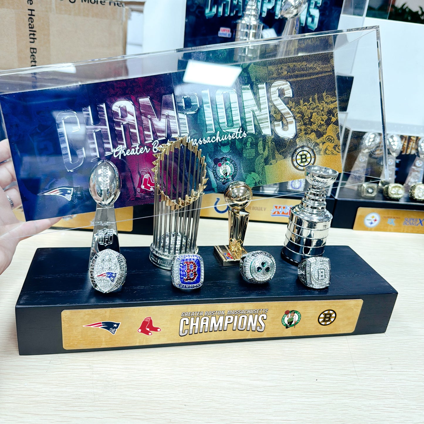 Greater Boston Championship Trophy and Rings Display Case