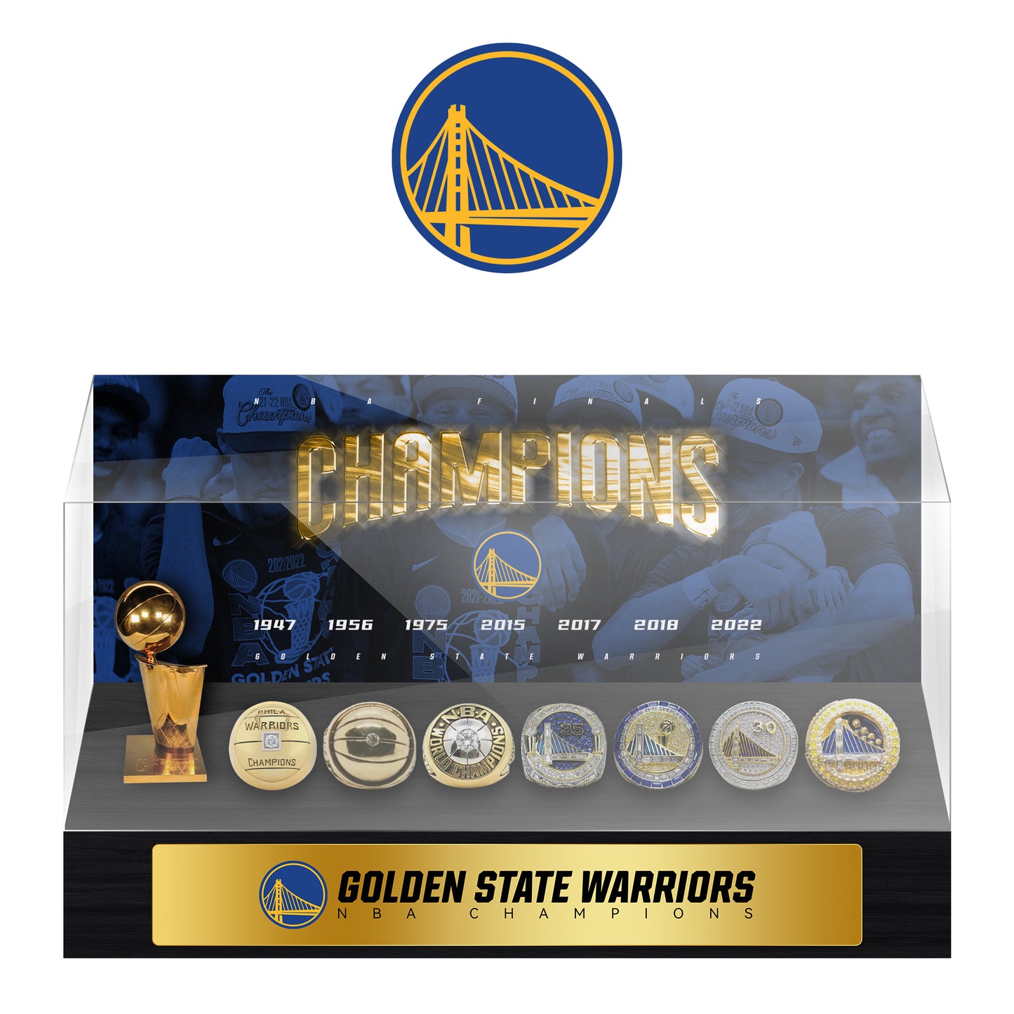 Golden State Warriors NBA Trophy And Ring Display Case SET