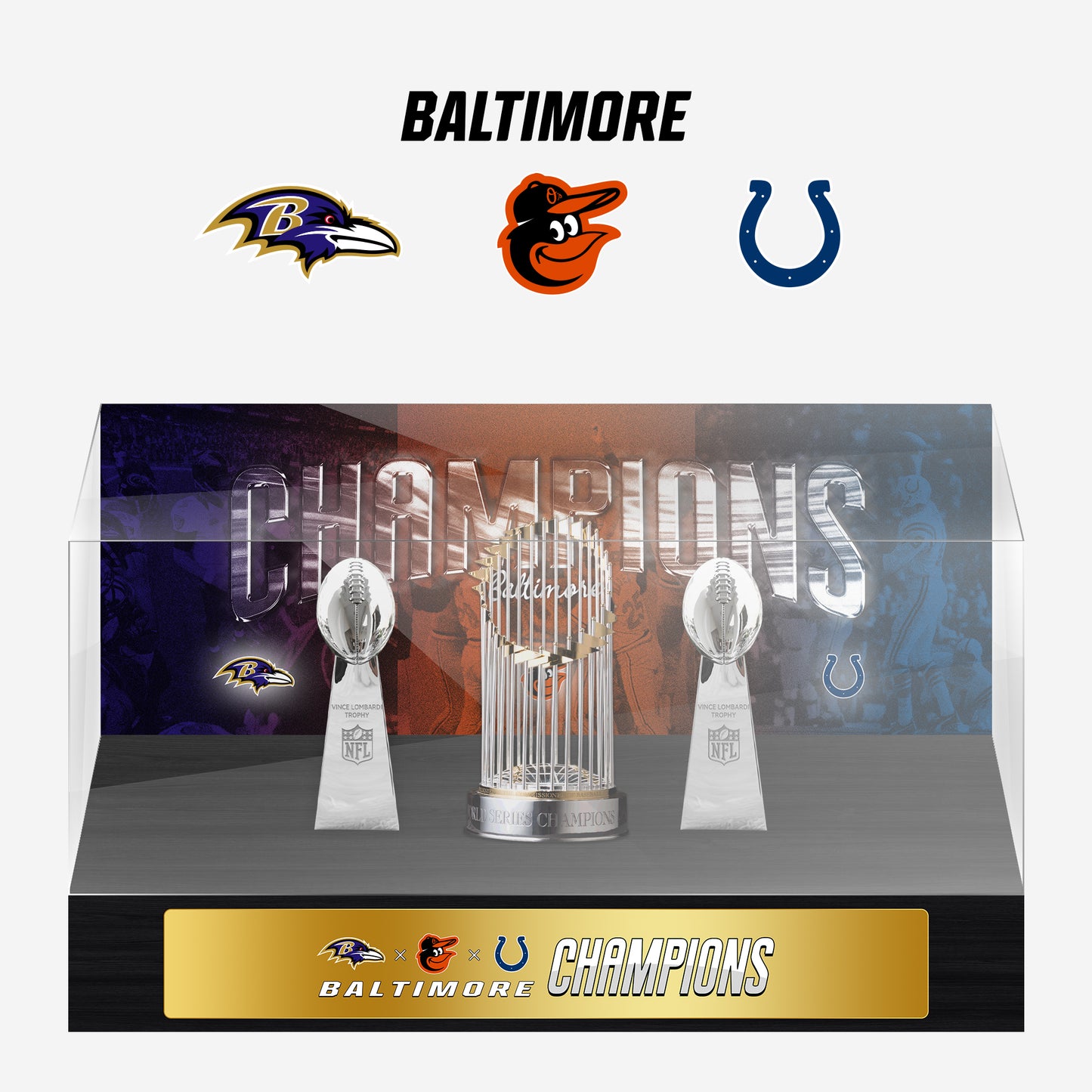 Baltimore Championship Trophy and Rings Display Case