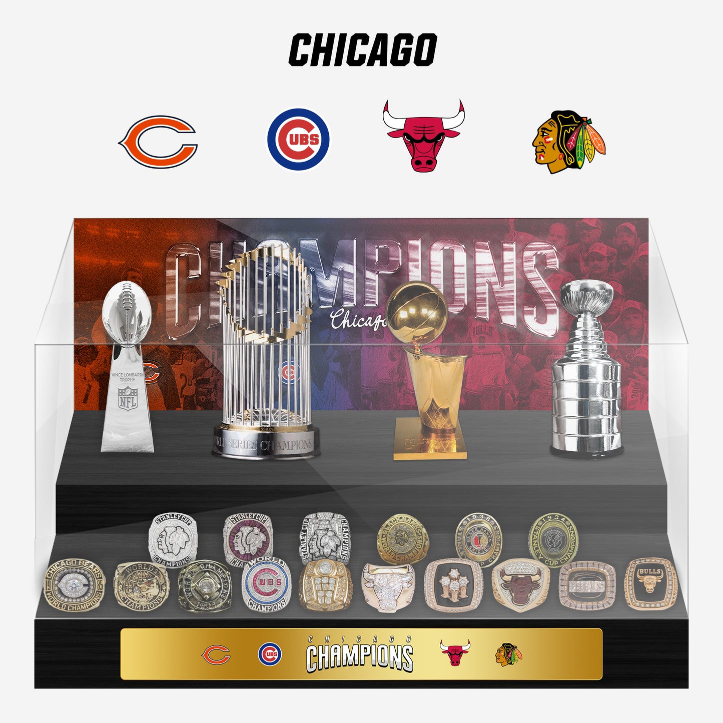 Chicago Championship Trophy and Rings Display Case