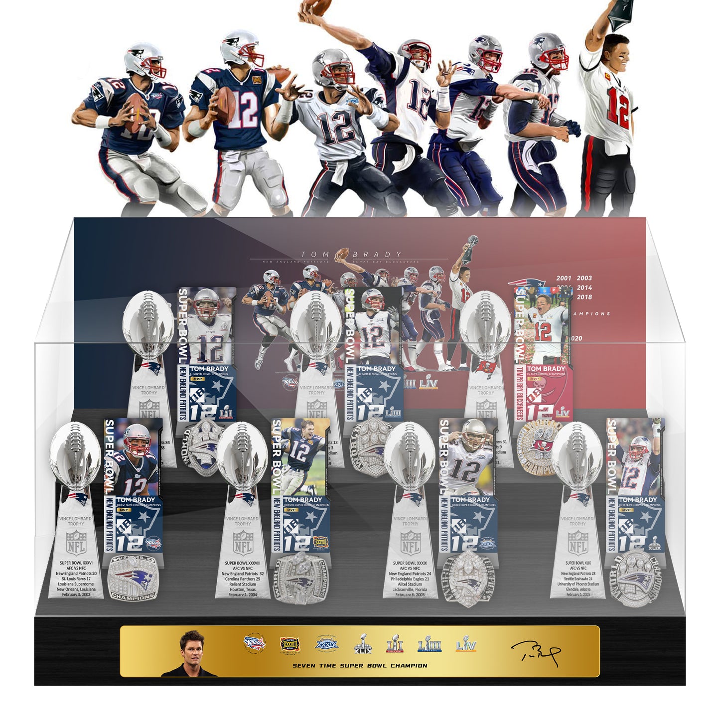 Tom Brady New England Patriots and Tampa Bay Buccaneers 7 Championship Trophy and Ring Display Case