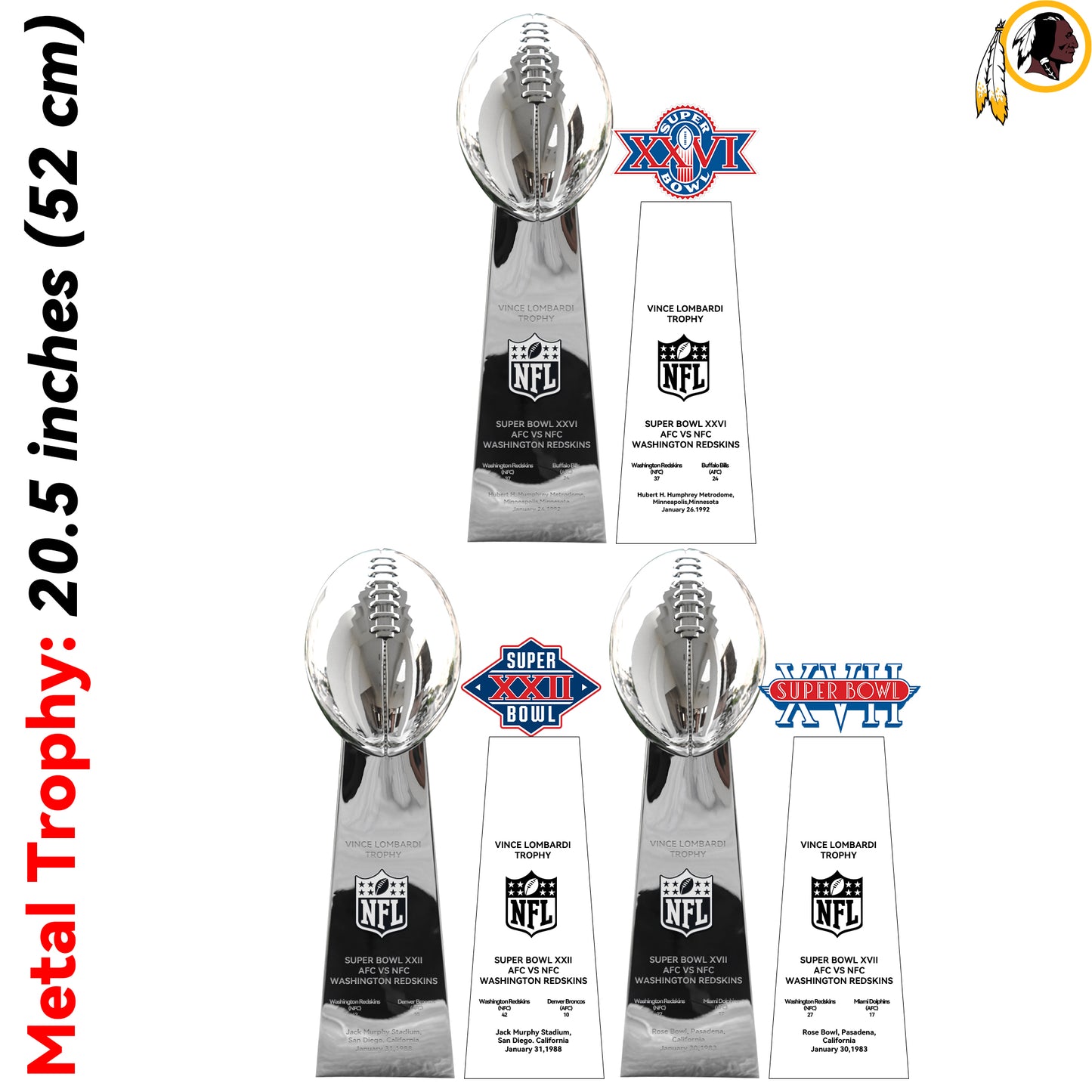 Washington Redskins 3 Super Bowl trophies