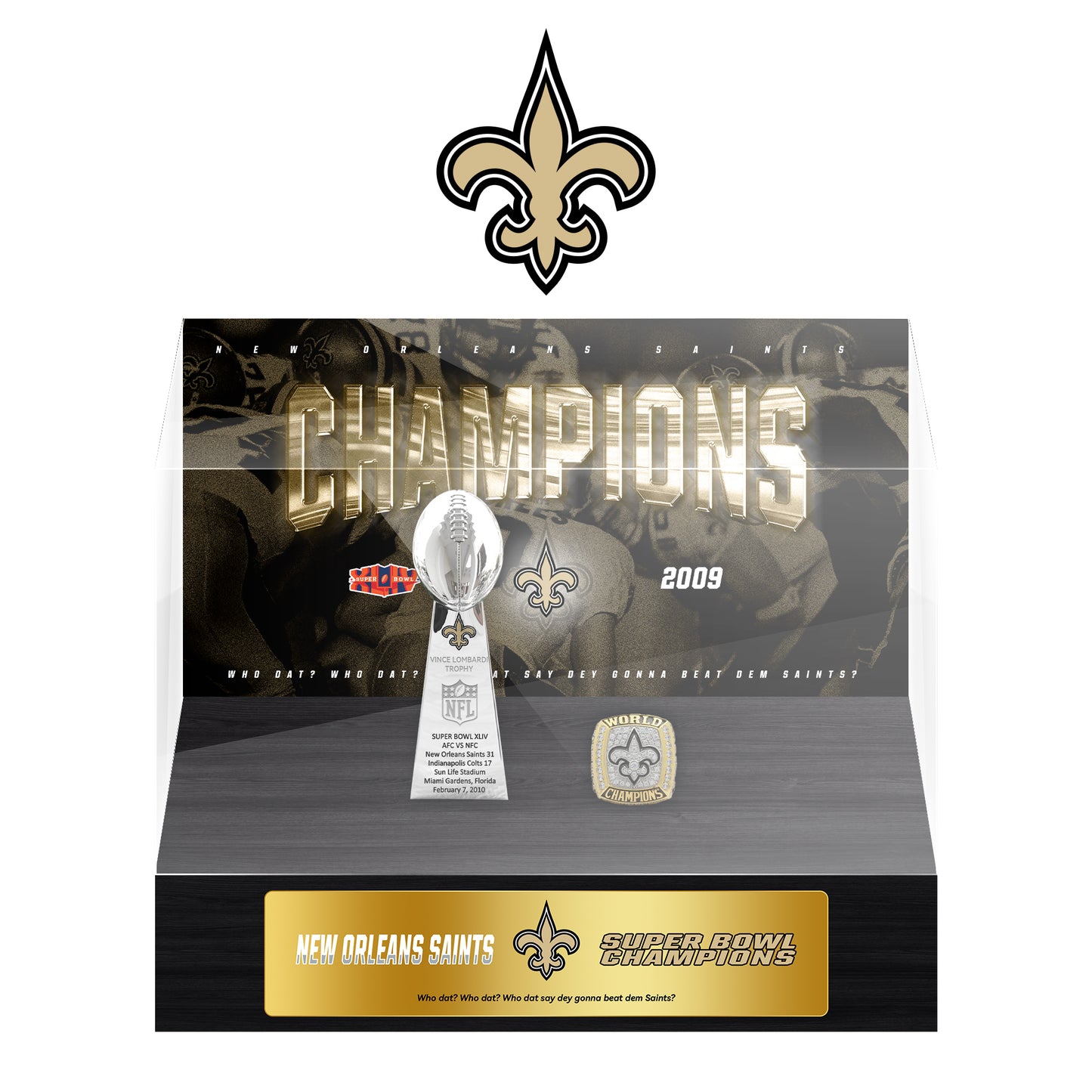 New Orleans Saints Super Bowl Championship Trophy Ring Display Case