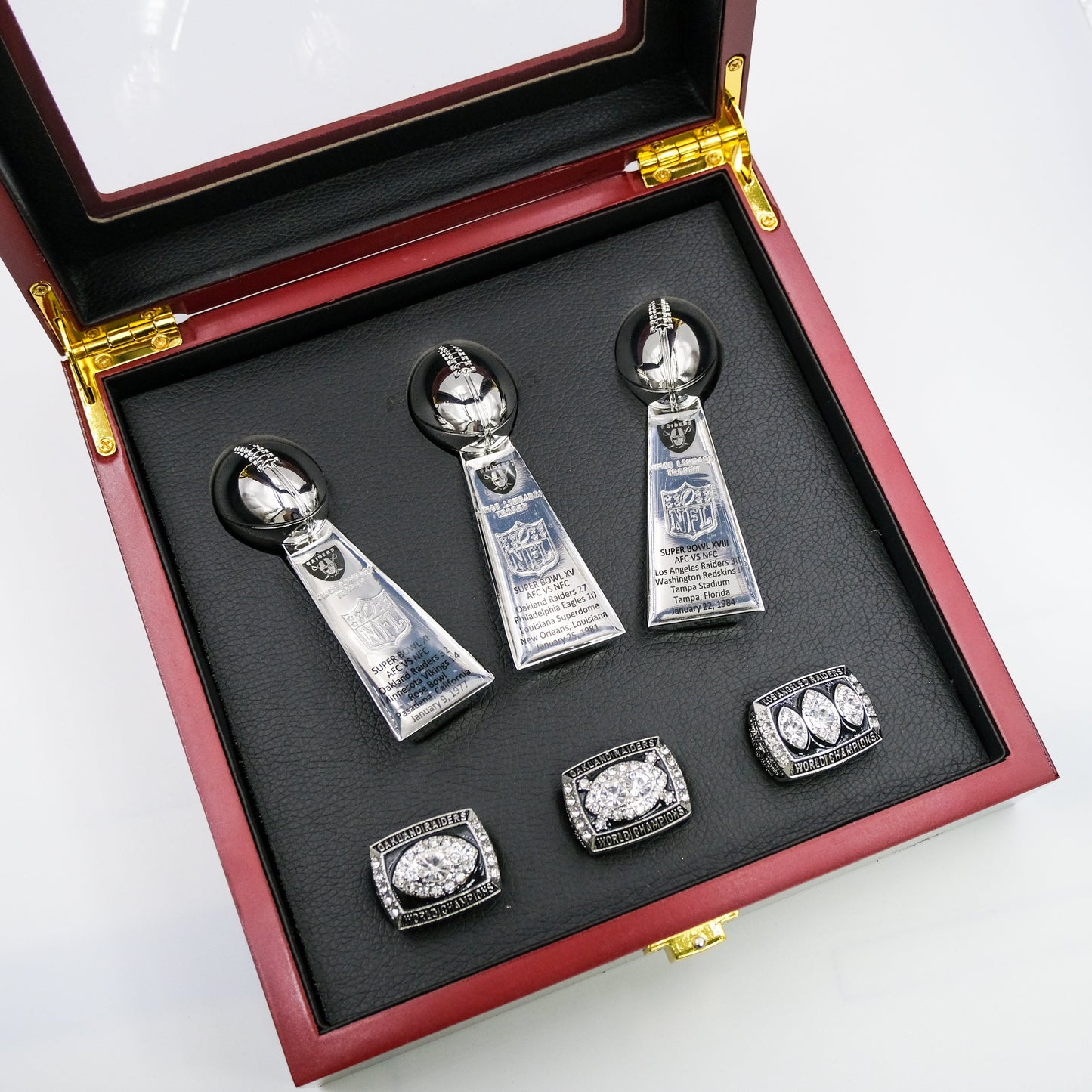 [ OAKLAND RAIDERS]Set 3 Trophys and 3 Pcs Rings  Championship Super Bowl + Box NFL