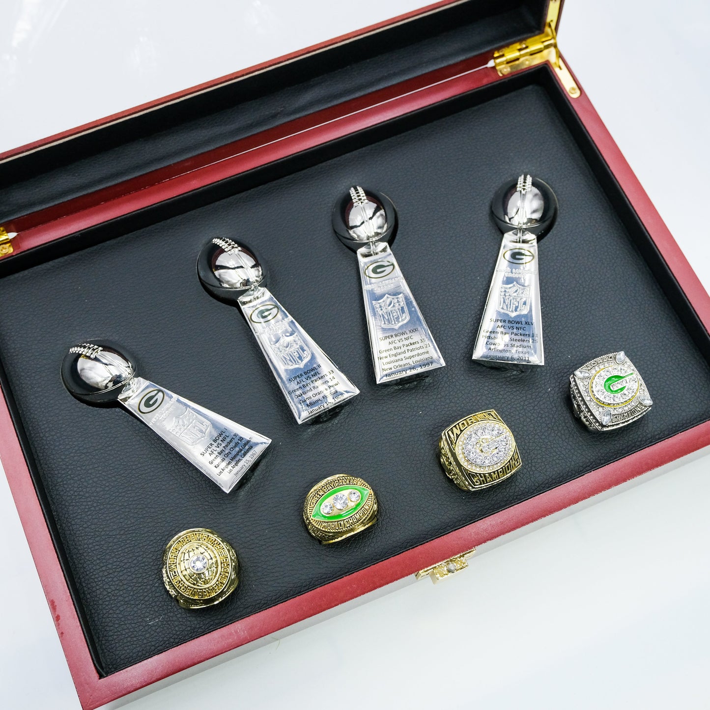 [GREEN BAY PACKERS]4 Trophys and 4 Pcs Rings  Championship Super Bowl + Box NFL