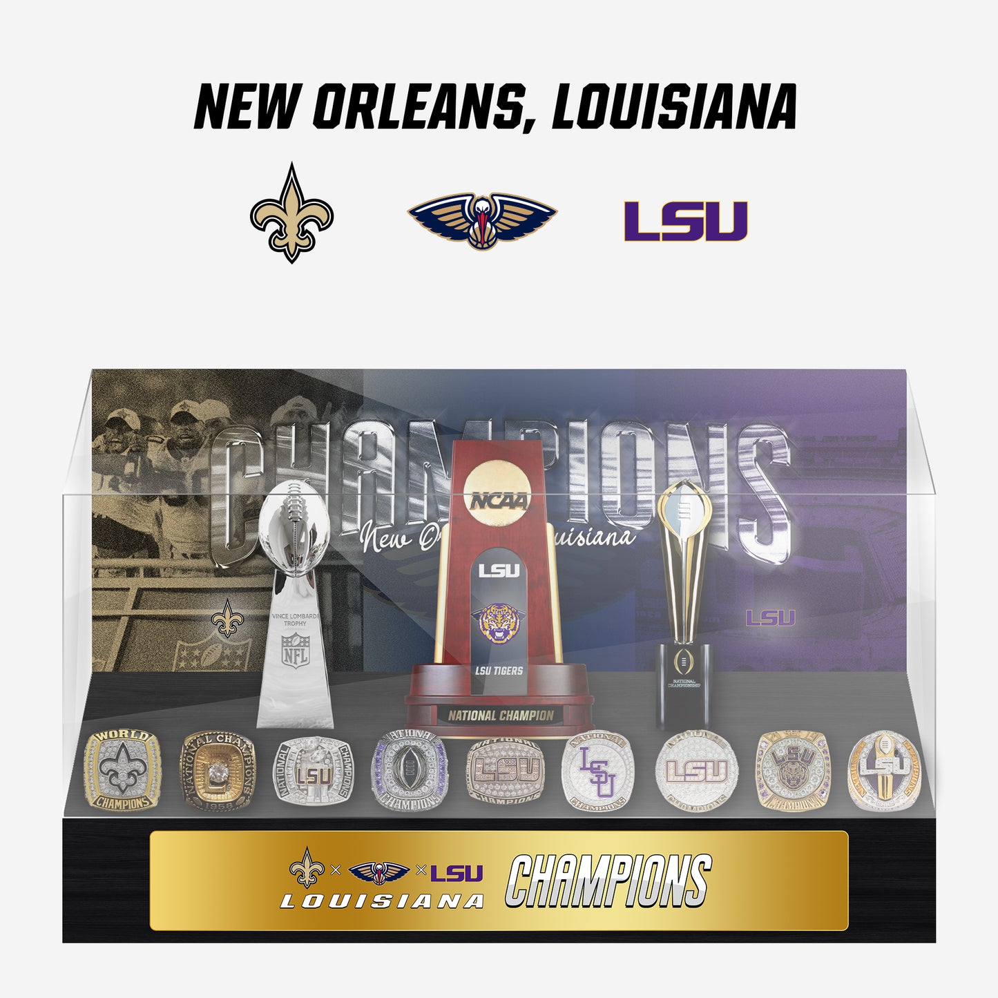 New Orleans, Louisiana Championship Trophy and Rings Display Case