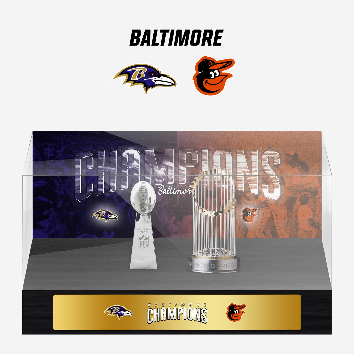 Baltimore Championship Trophy and Rings Display Case