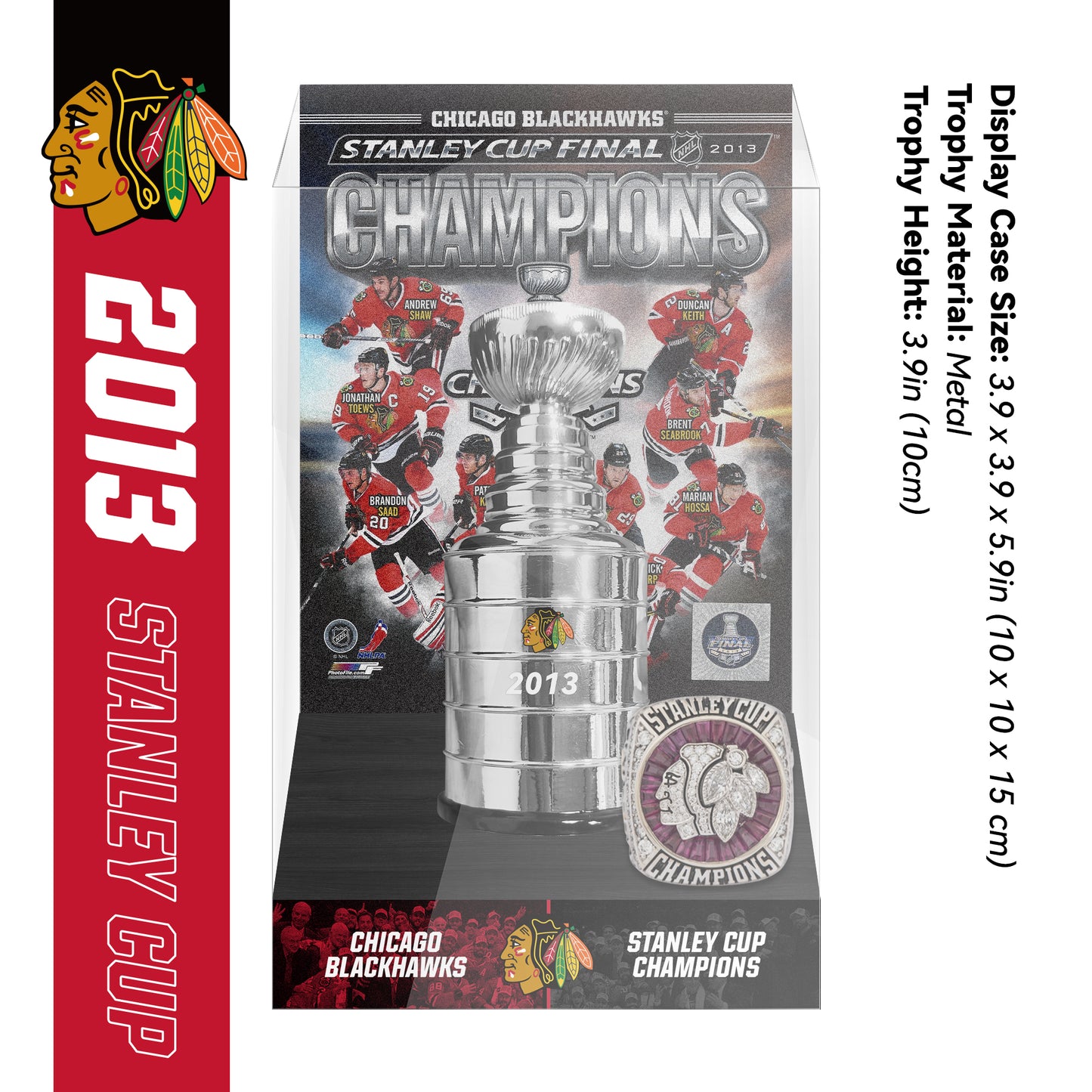 2013 Chicago Blackhawks Stanley Cup Final Championship Trophy and Ring Display Case