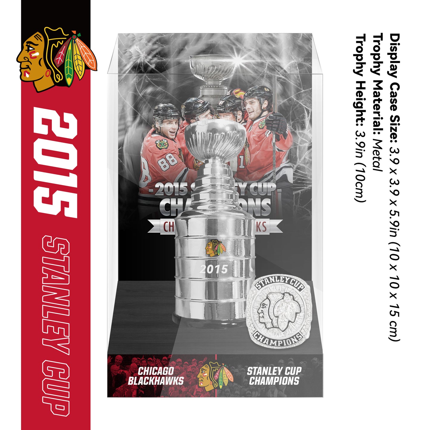 2015 Chicago Blackhawks Stanley Cup Final Championship Trophy and Ring Display Case