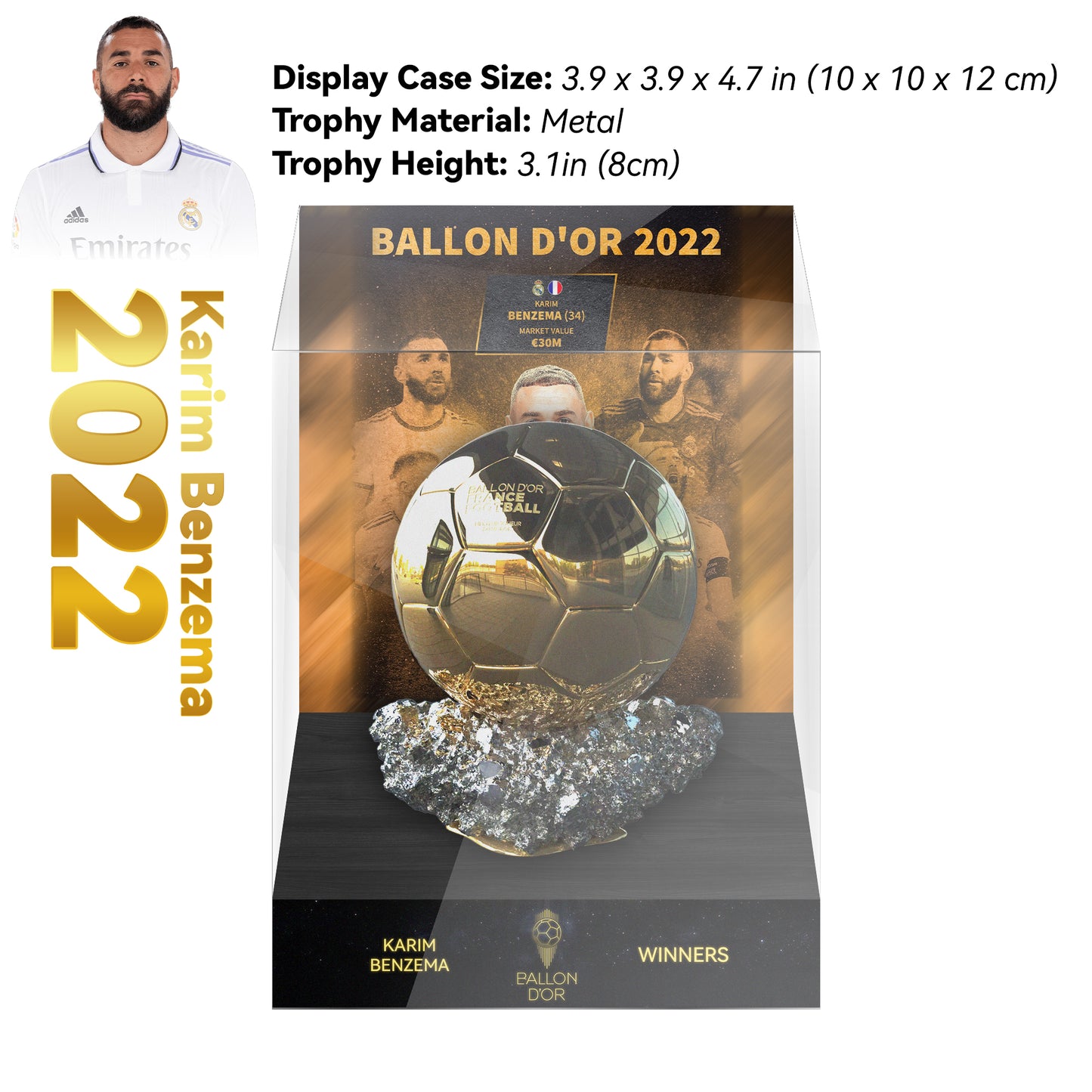 2022 KARIM BENZEMA Ballon d'Or Trophy Display Case